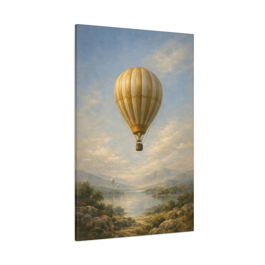 Main Mockup. Nature Hot Air Balloon Gold Blue Landscape shown as stretched canvas wall art