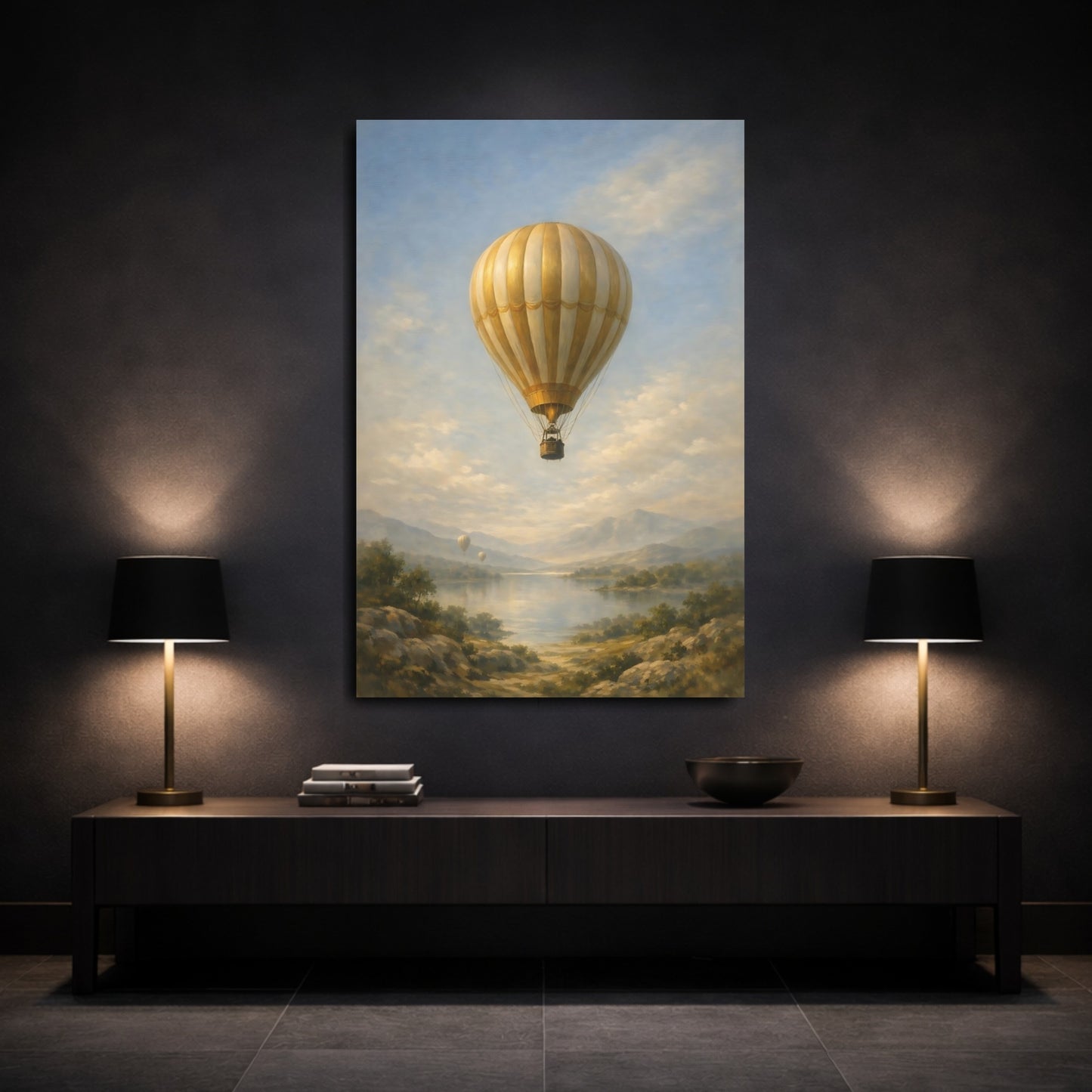 Mockup 2. Nature Hot Air Balloon Gold Blue Landscape shown as stretched canvas wall art