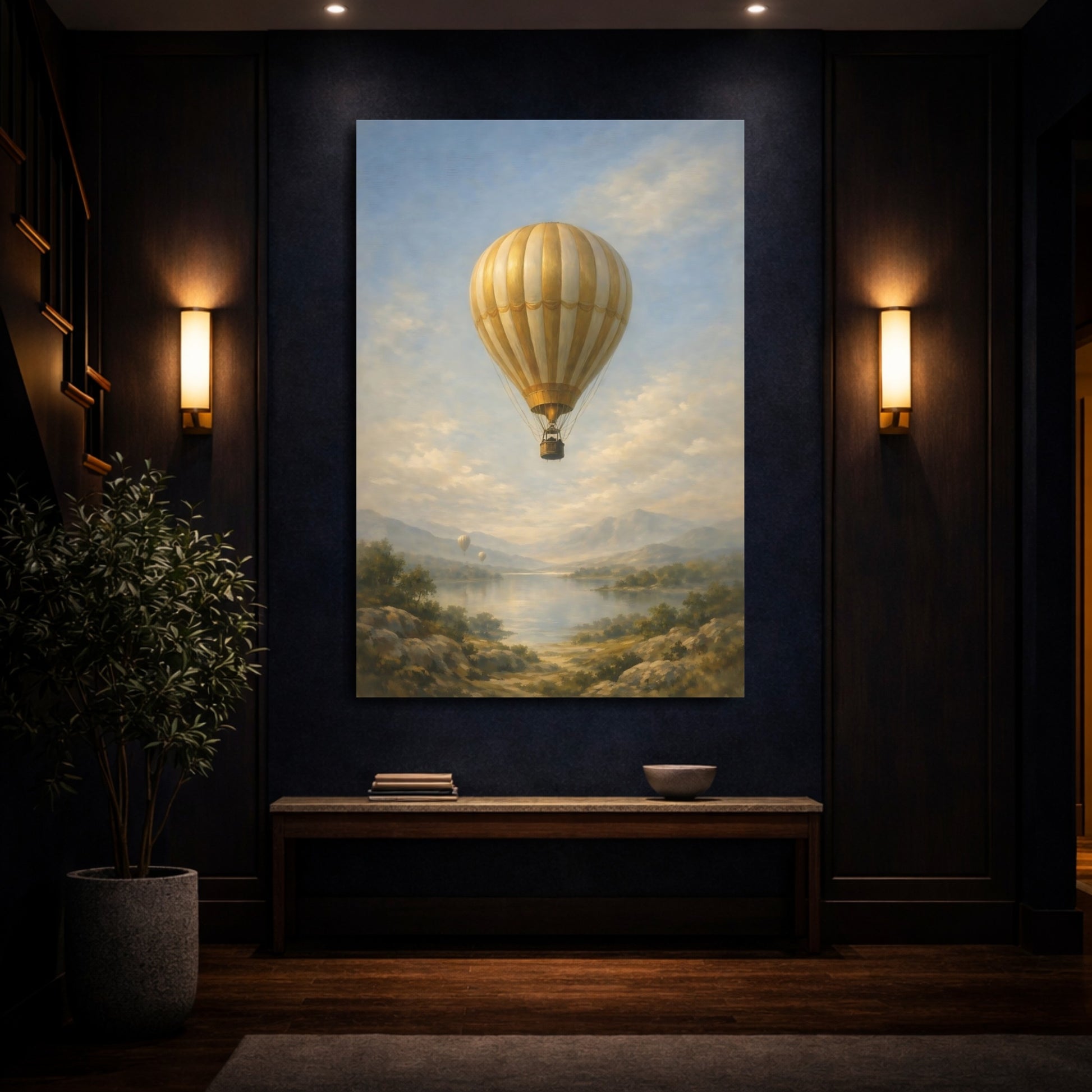Mockup 3. Nature Hot Air Balloon Gold Blue Landscape shown as stretched canvas wall art