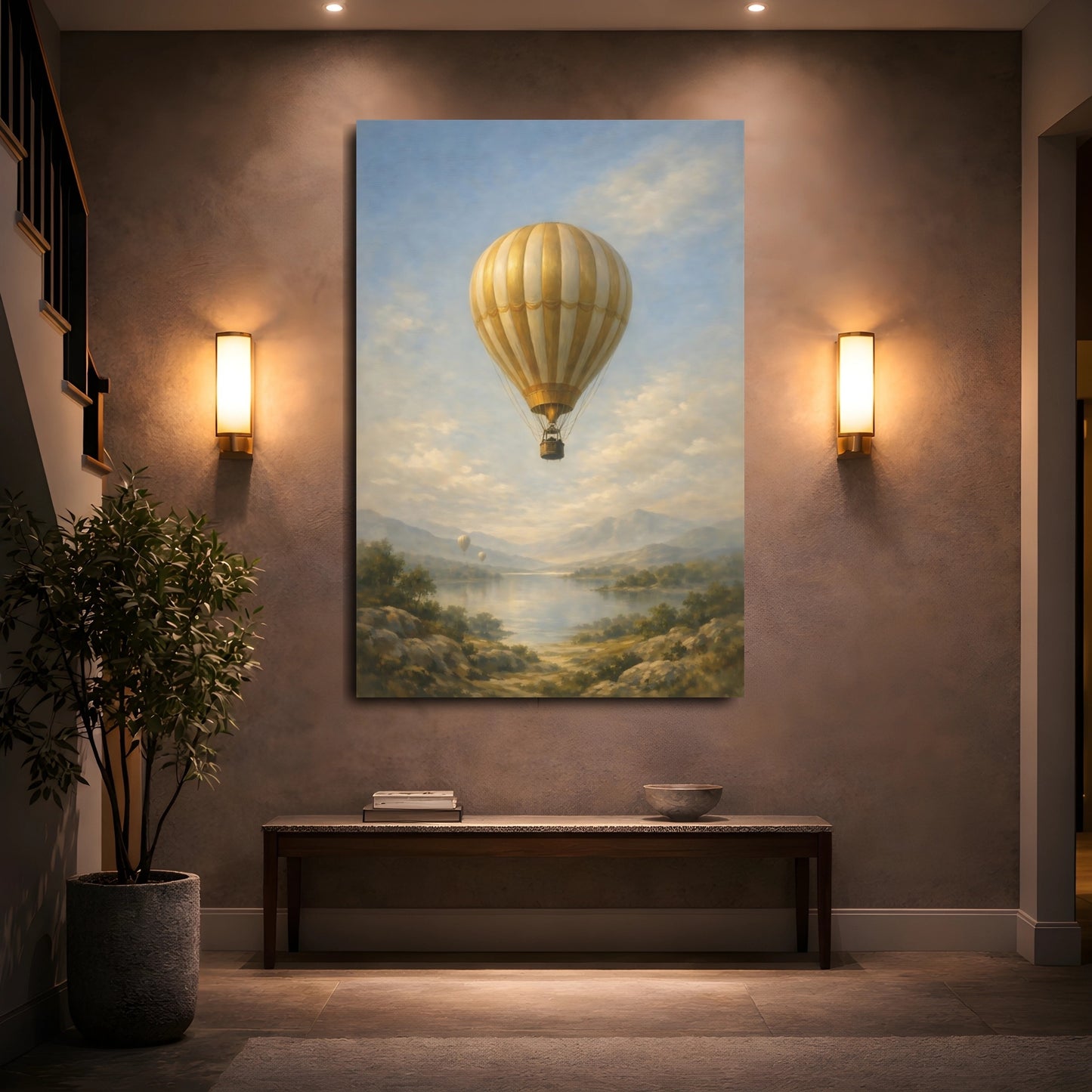 Mockup 4. Nature Hot Air Balloon Gold Blue Landscape shown as stretched canvas wall art