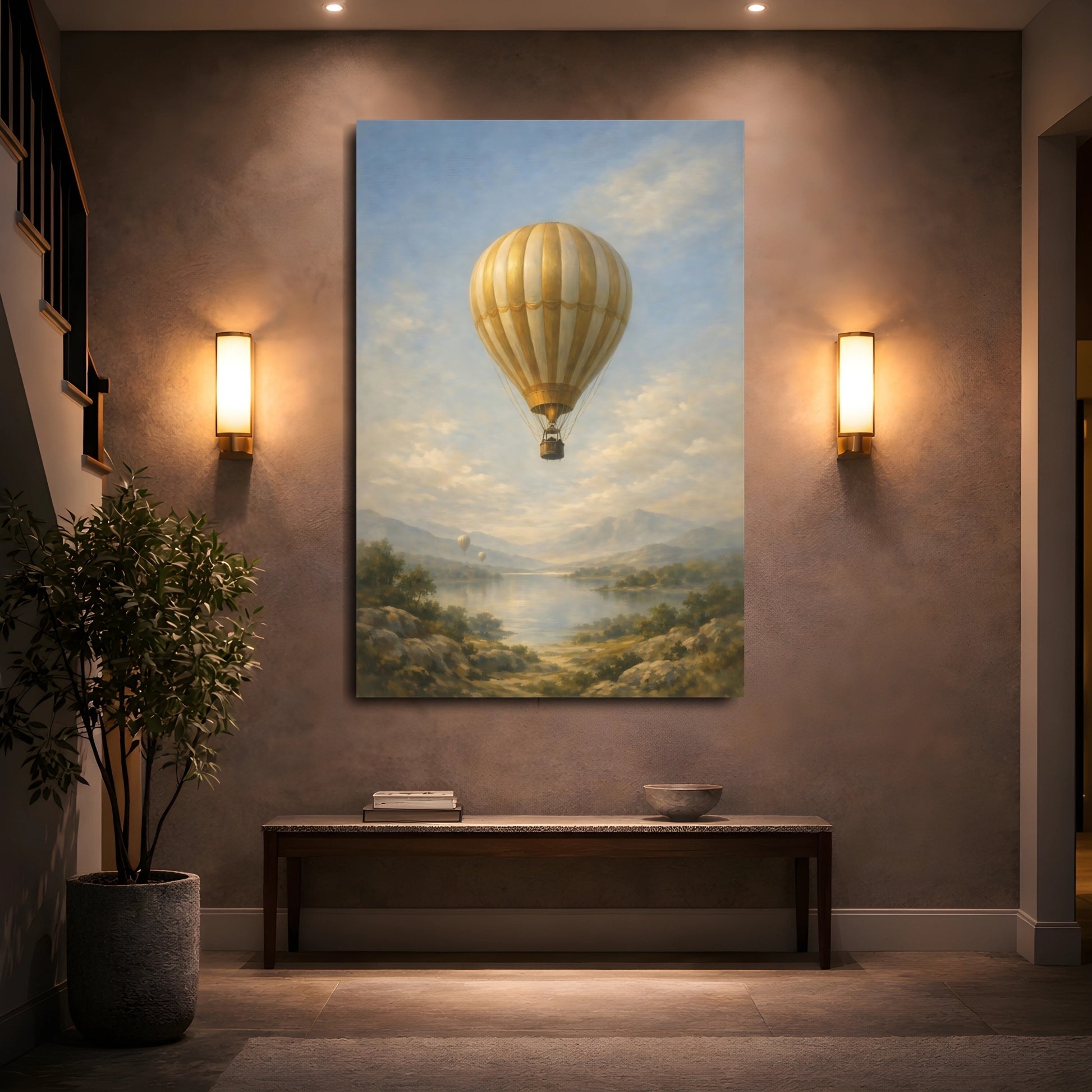 Mockup 4. Nature Hot Air Balloon Gold Blue Landscape shown as stretched canvas wall art