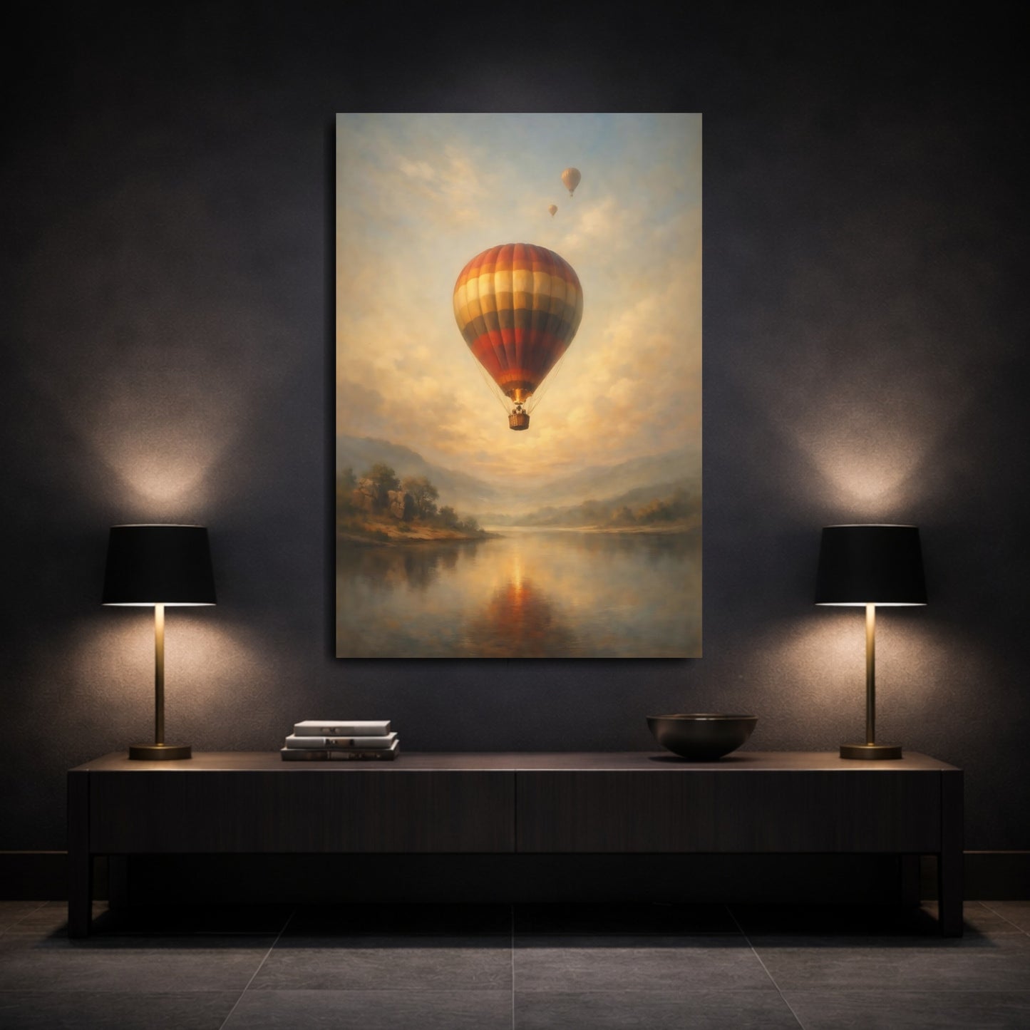 Mockup 2. Nature Hot Air Balloon Golden Hour Hot Air Balloon shown as stretched canvas wall art