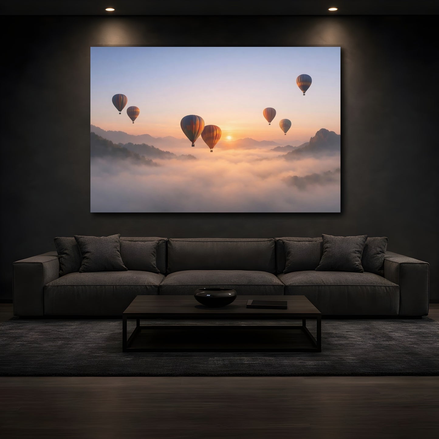 Mockup 4. Nature Hot Air Balloons Orange Blue Sunrise shown as stretched canvas wall art