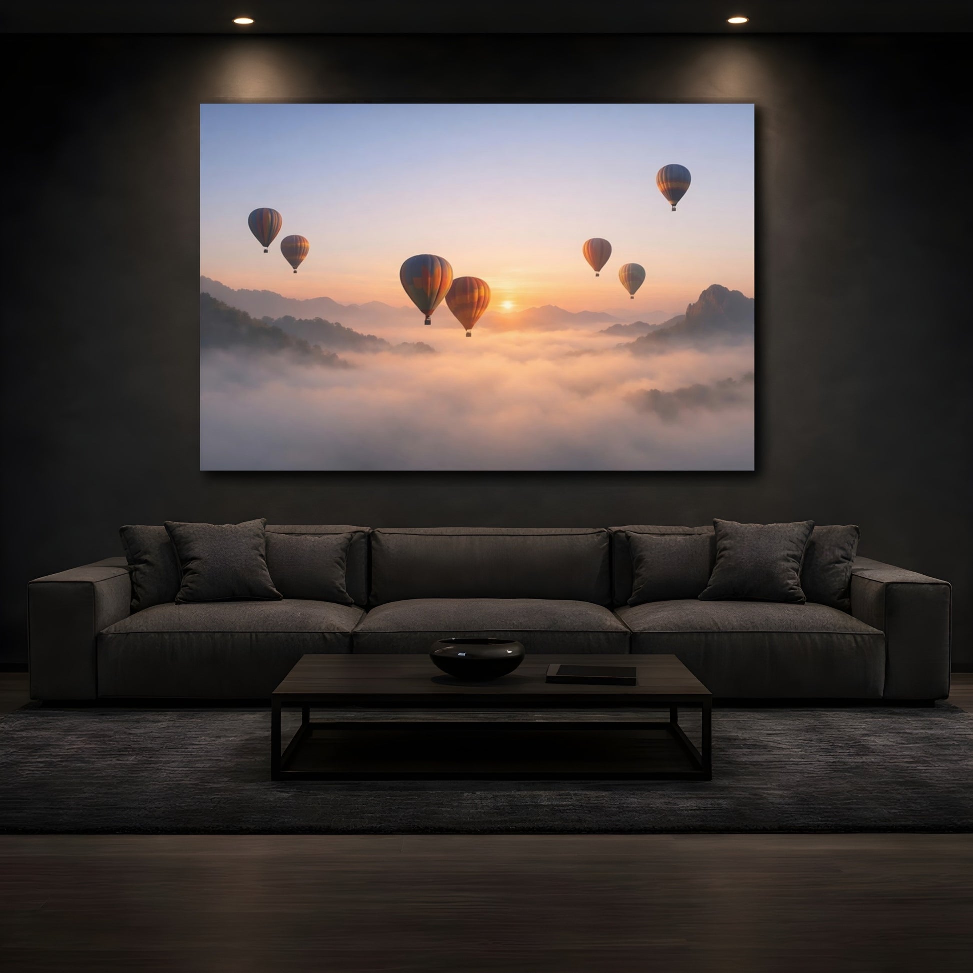 Mockup 4. Nature Hot Air Balloons Orange Blue Sunrise shown as stretched canvas wall art