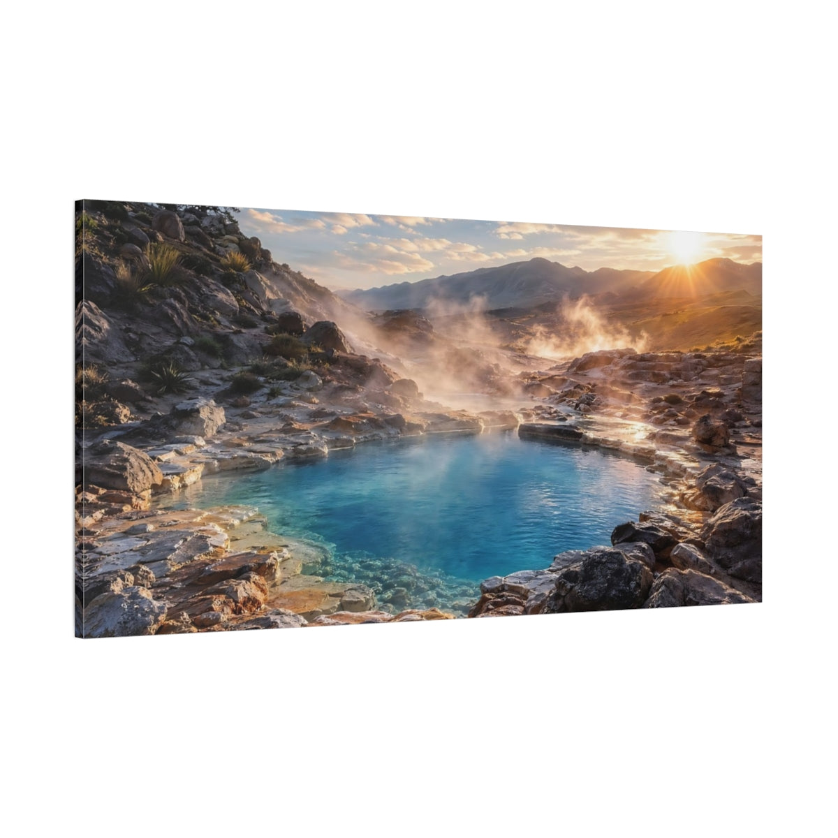 Side Mockup 2. Nature Hot Spring Blue Hot Spring shown as stretched canvas wall art