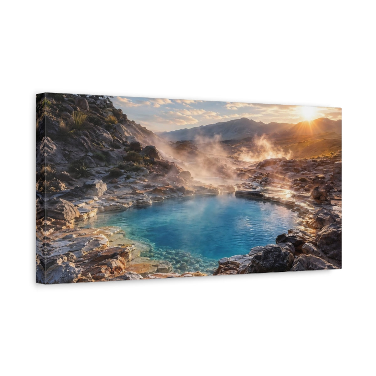 Side Mockup 3. Nature Hot Spring Blue Hot Spring shown as stretched canvas wall art
