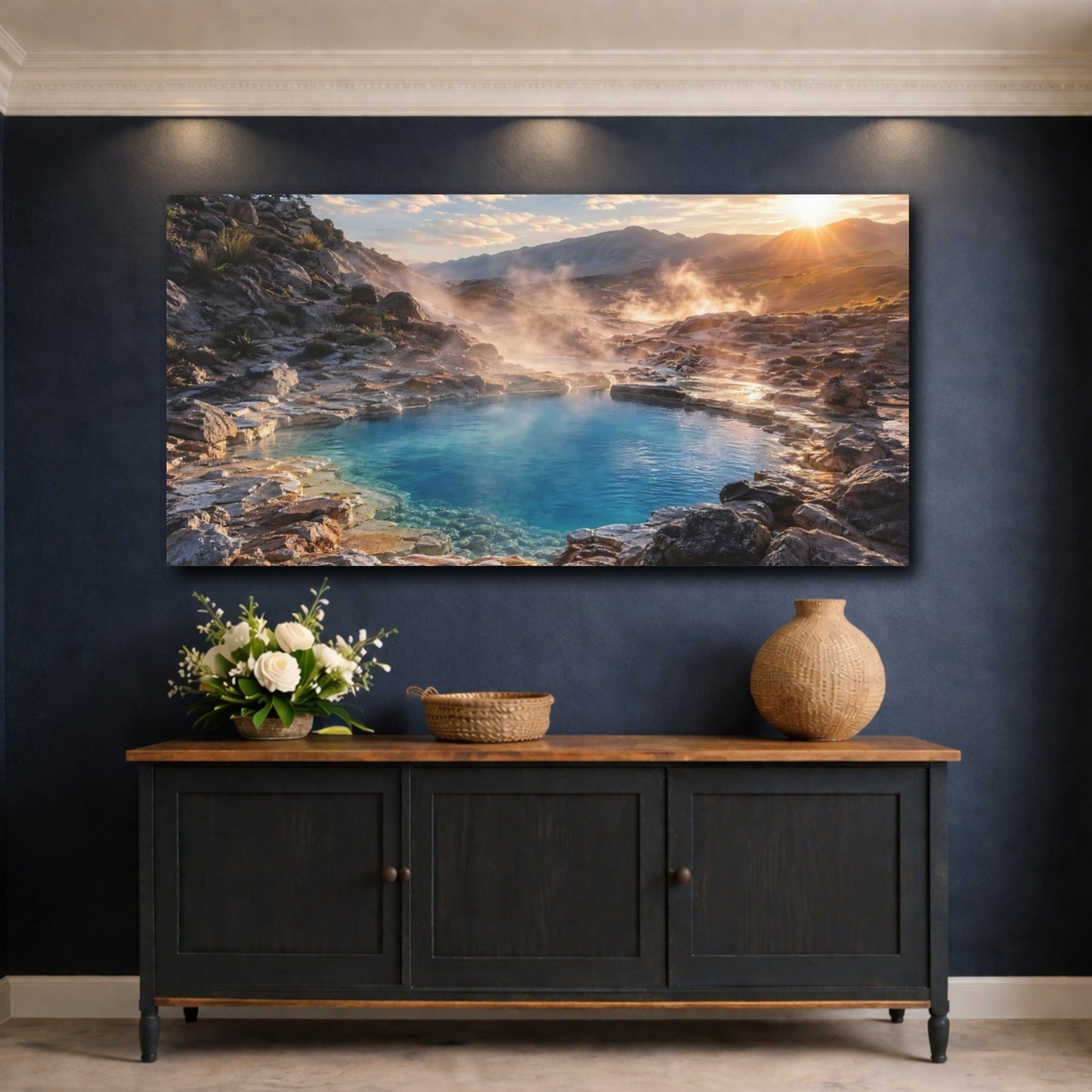 Mockup 4. Nature Hot Spring Blue Hot Spring shown as stretched canvas wall art