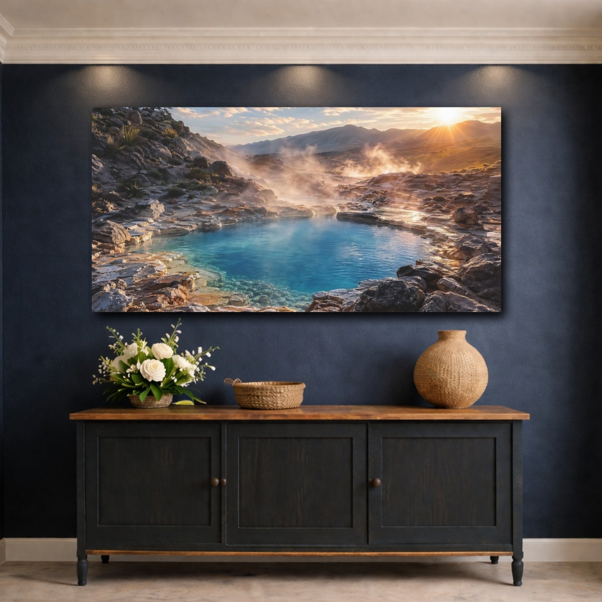 Mockup 4. Nature Hot Spring Blue Hot Spring shown as stretched canvas wall art
