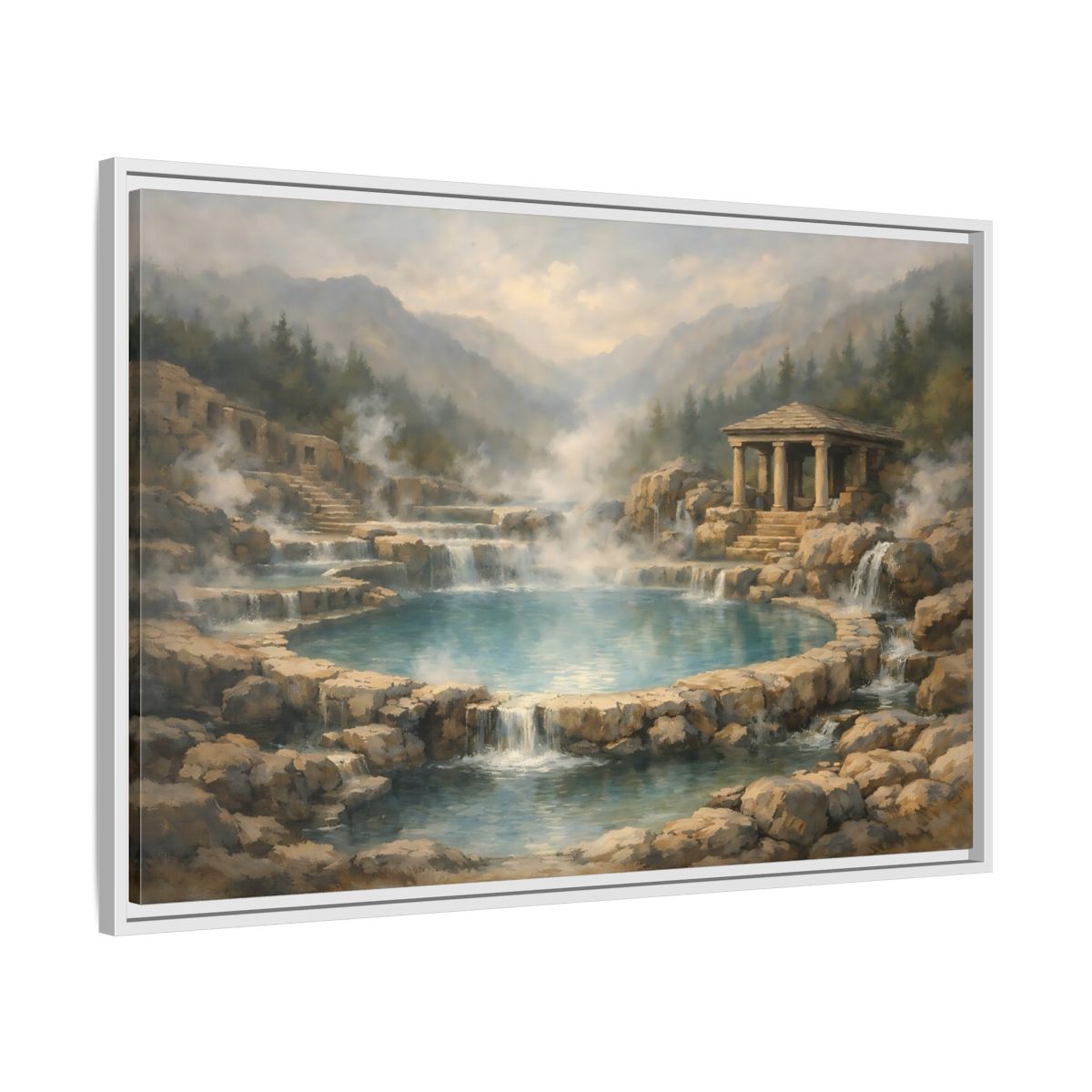 Side Mockup 8. Nature Hot Springs Blue And Brown Landscape shown as stretched canvas wall art