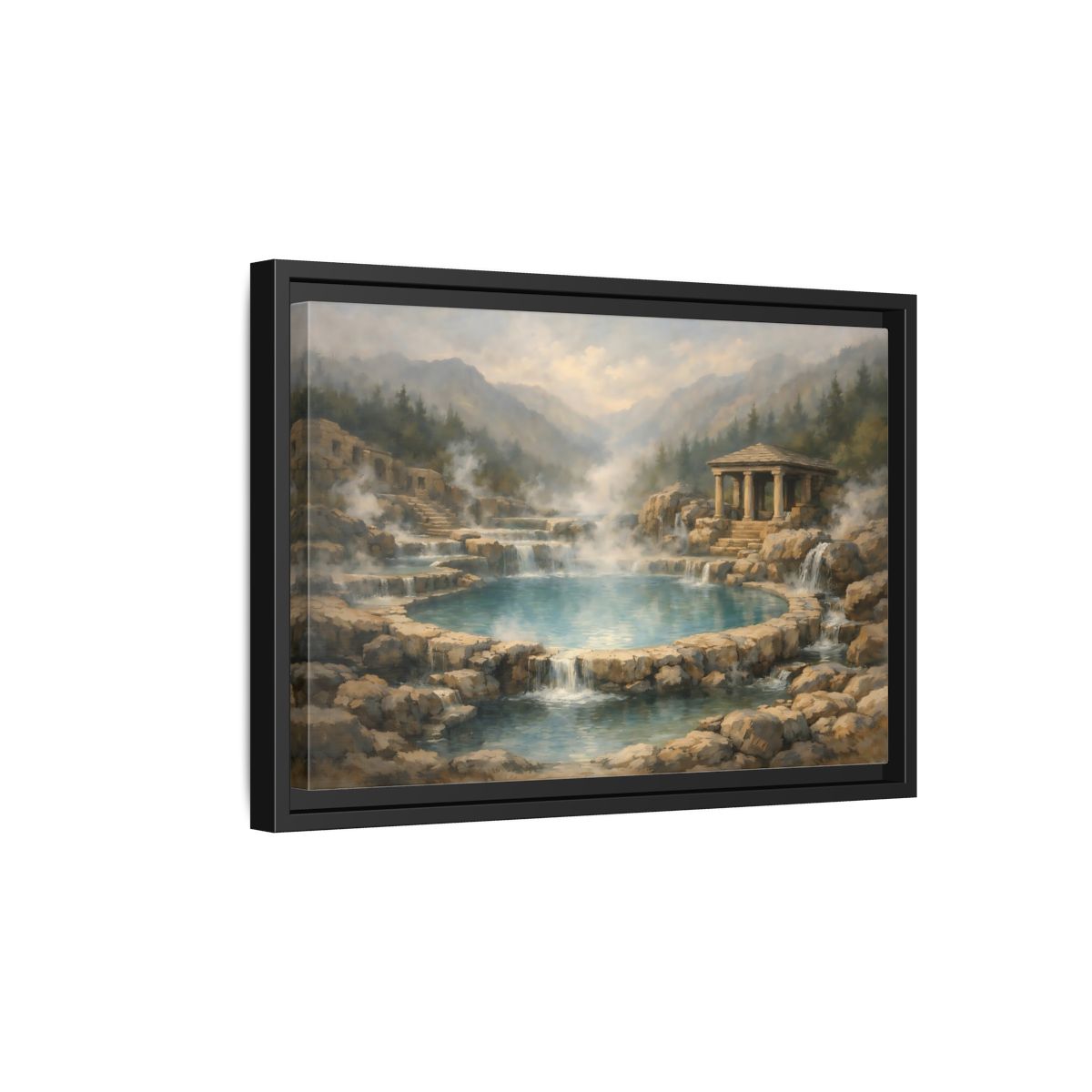 Side Mockup 6. Nature Hot Springs Blue And Brown Landscape shown as stretched canvas wall art