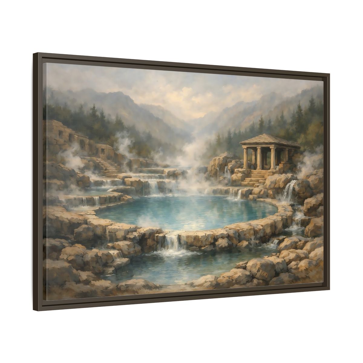 Side Mockup 9. Nature Hot Springs Blue And Brown Landscape shown as stretched canvas wall art