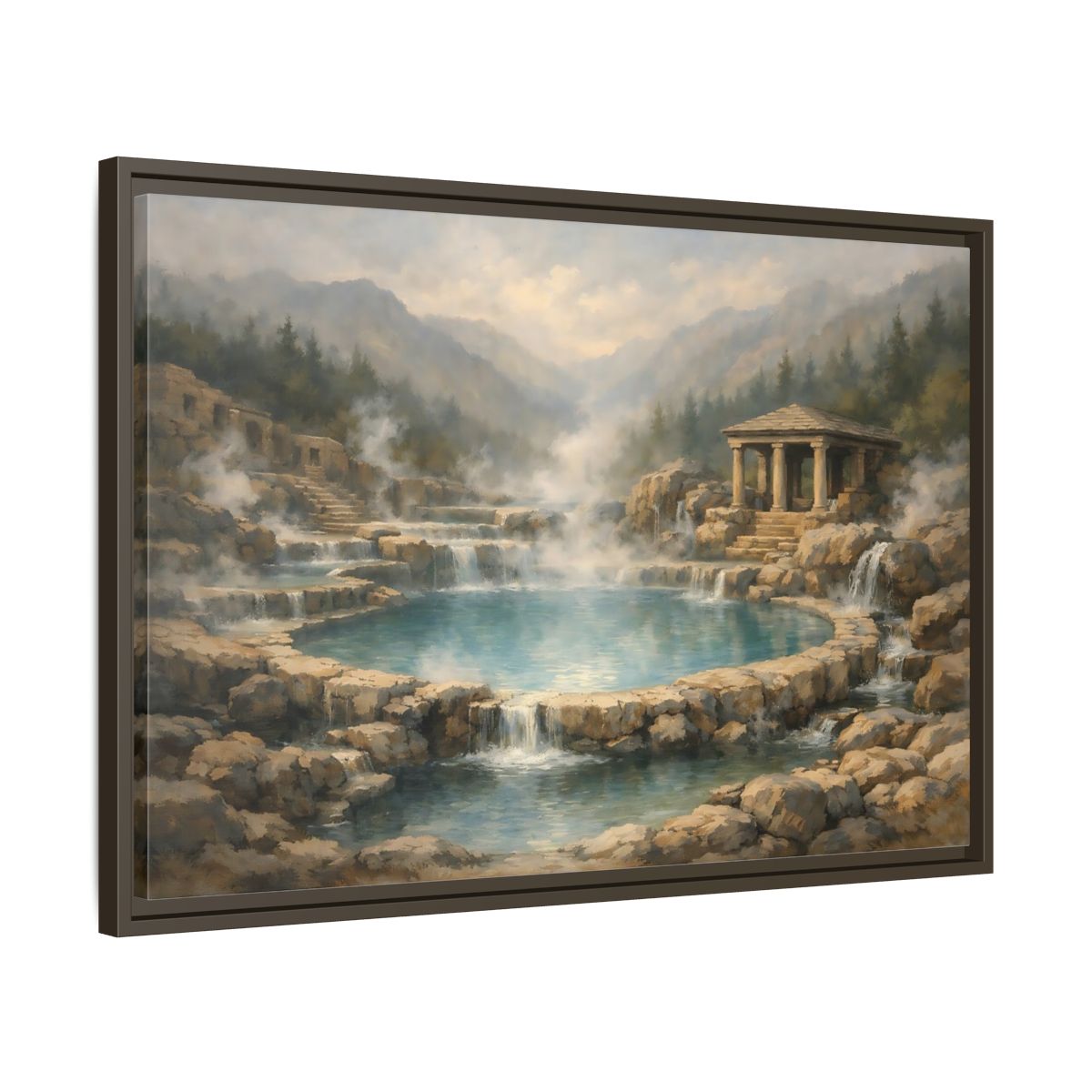 Side Mockup 11. Nature Hot Springs Blue And Brown Landscape shown as stretched canvas wall art