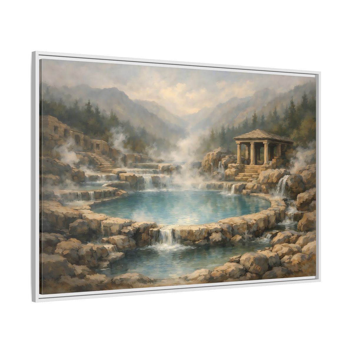 Side Mockup 7. Nature Hot Springs Blue And Brown Landscape shown as stretched canvas wall art