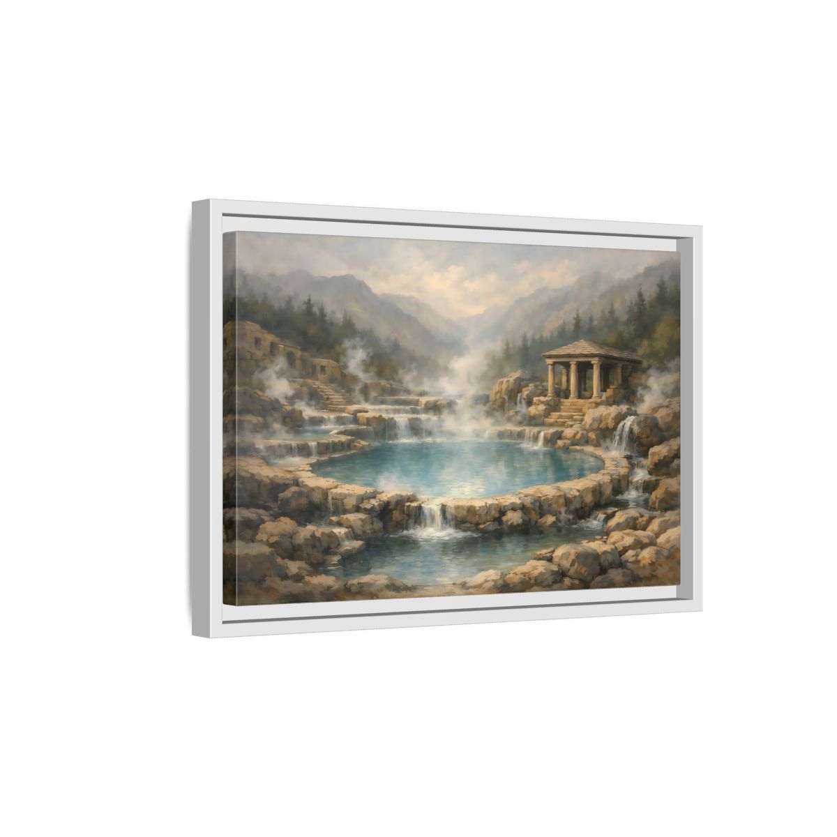 Side Mockup 4. Nature Hot Springs Blue And Brown Landscape shown as stretched canvas wall art