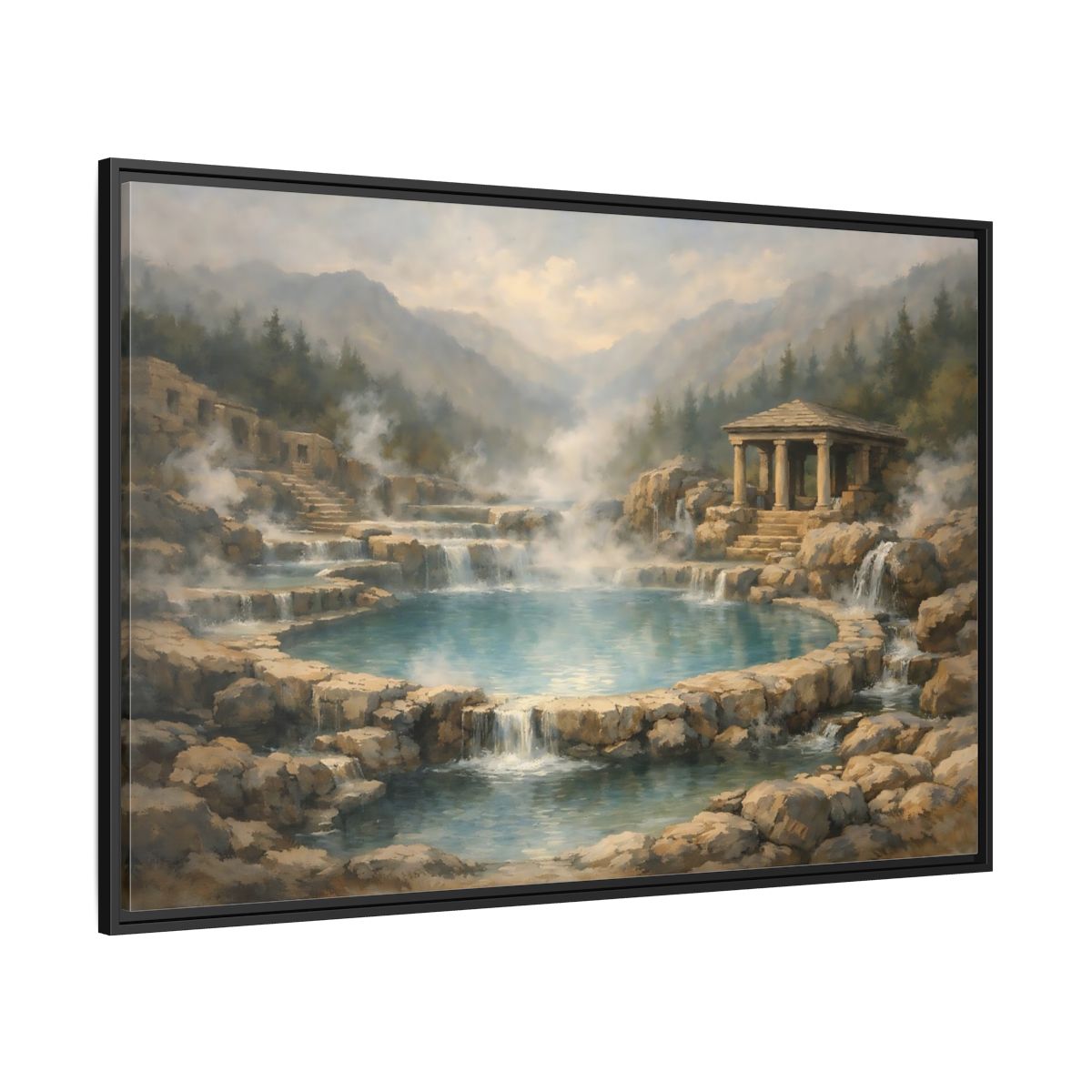 Side Mockup 12. Nature Hot Springs Blue And Brown Landscape shown as stretched canvas wall art