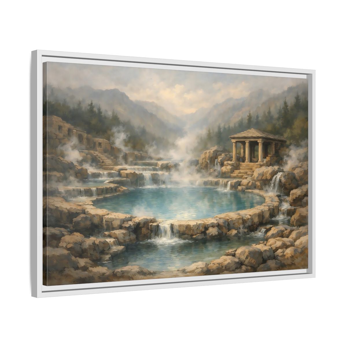 Side Mockup 10. Nature Hot Springs Blue And Brown Landscape shown as stretched canvas wall art