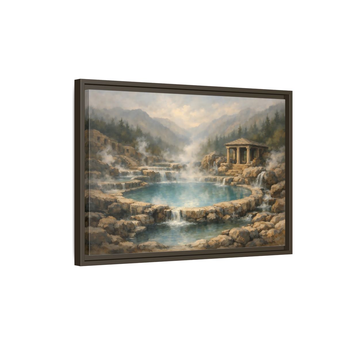 Side Mockup 2. Nature Hot Springs Blue And Brown Landscape shown as stretched canvas wall art