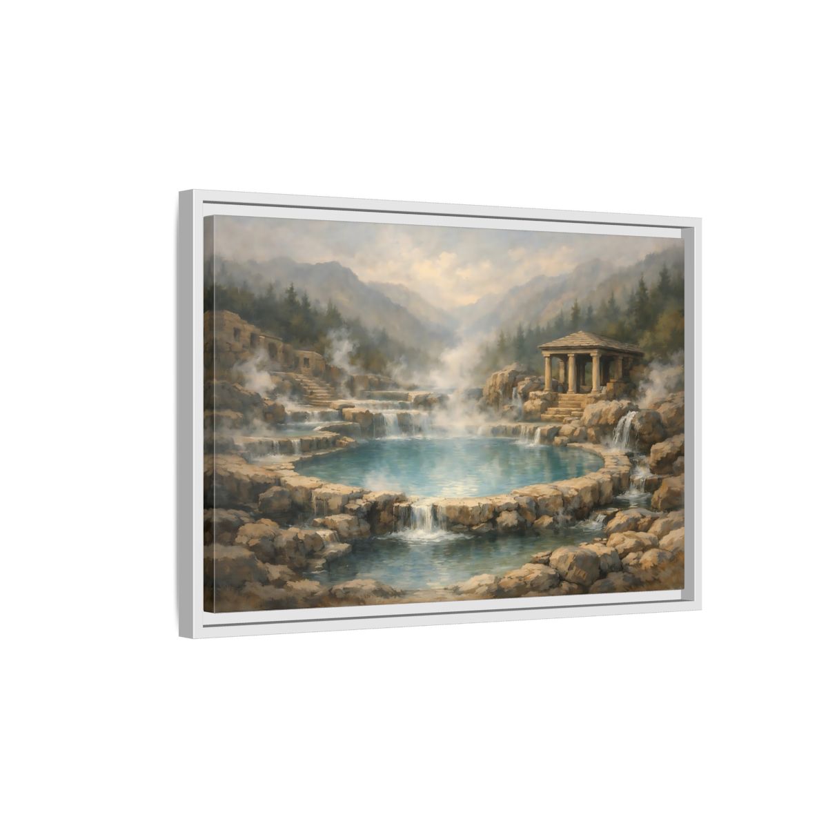 Side Mockup 1. Nature Hot Springs Blue And Brown Landscape shown as stretched canvas wall art