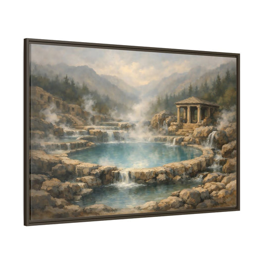Main Mockup. Nature Hot Springs Blue And Brown Landscape shown as stretched canvas wall art