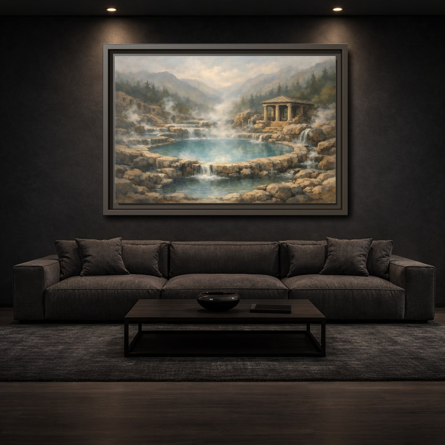 Mockup 2. Nature Hot Springs Blue And Brown Landscape shown as stretched canvas wall art