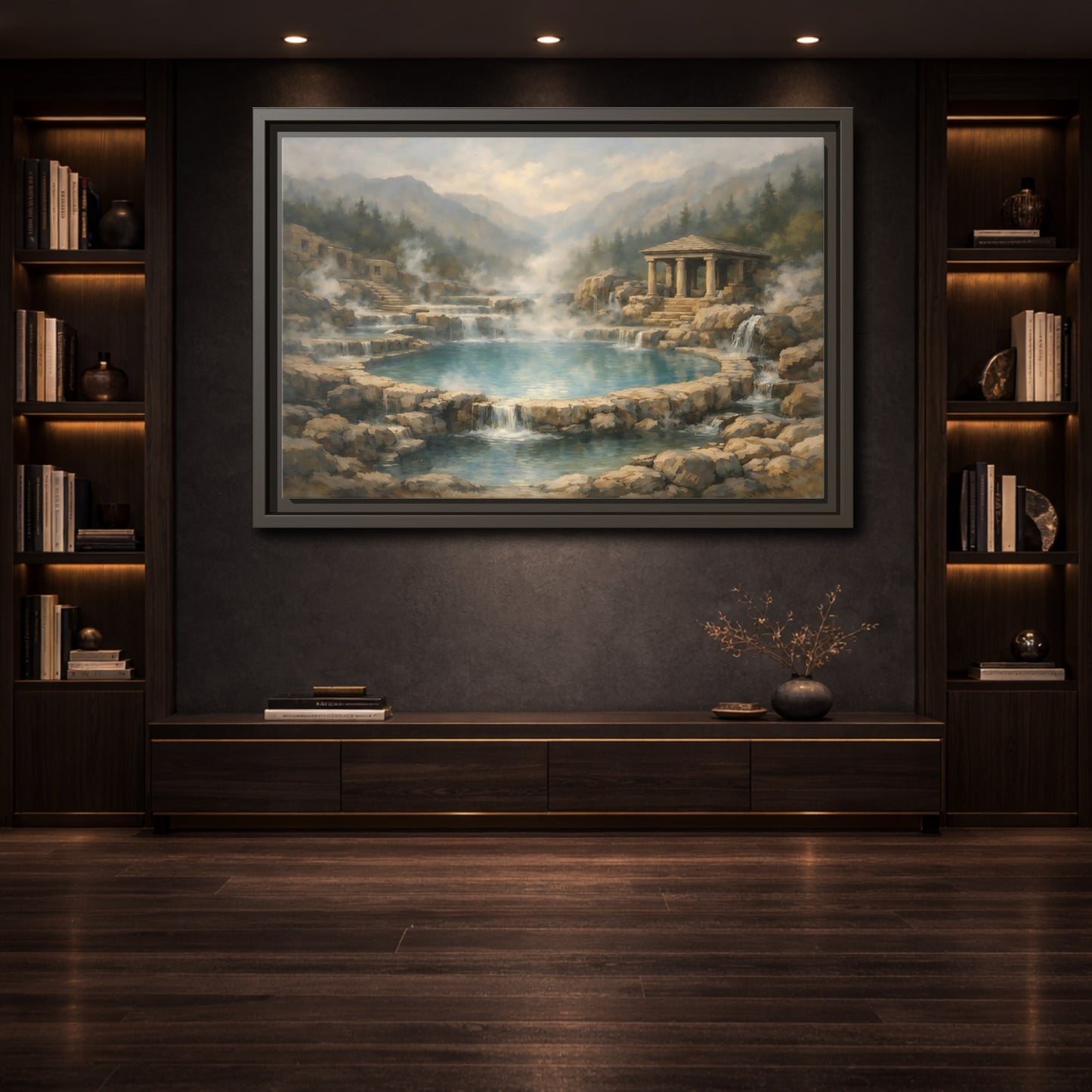 Mockup 3. Nature Hot Springs Blue And Brown Landscape shown as stretched canvas wall art