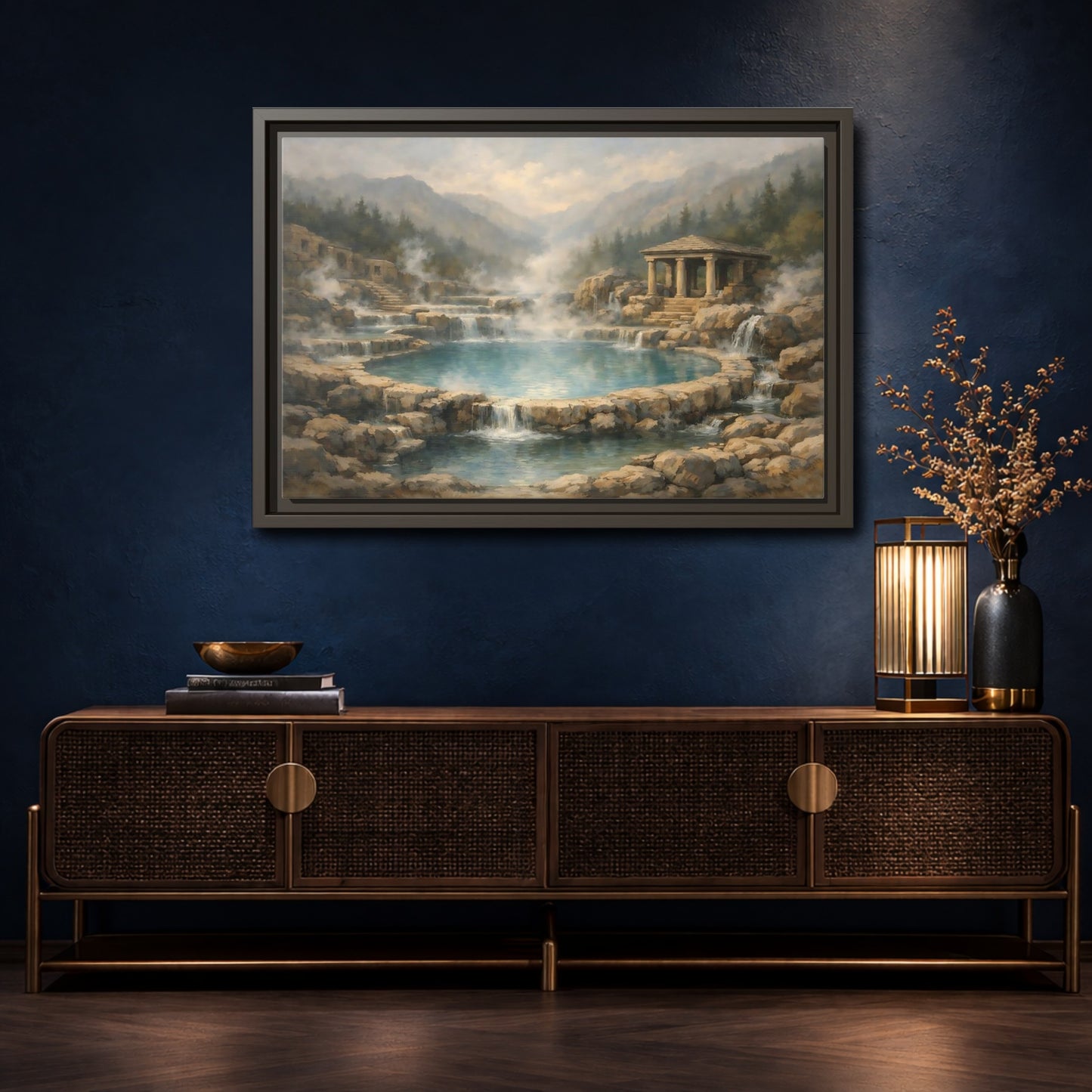 Mockup 4. Nature Hot Springs Blue And Brown Landscape shown as stretched canvas wall art