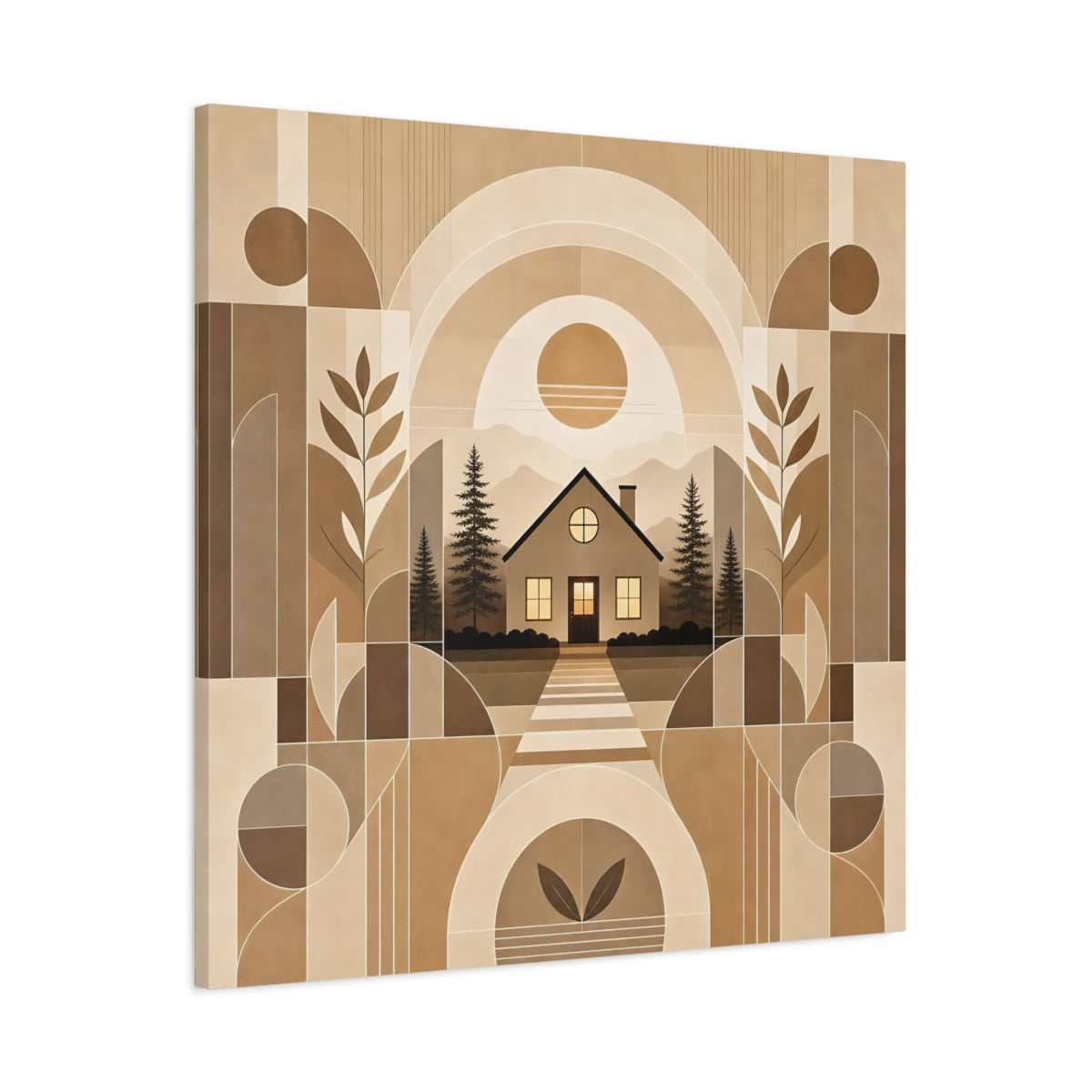 Main Mockup. Nature House Landscape Brown And Beige shown as canvas print