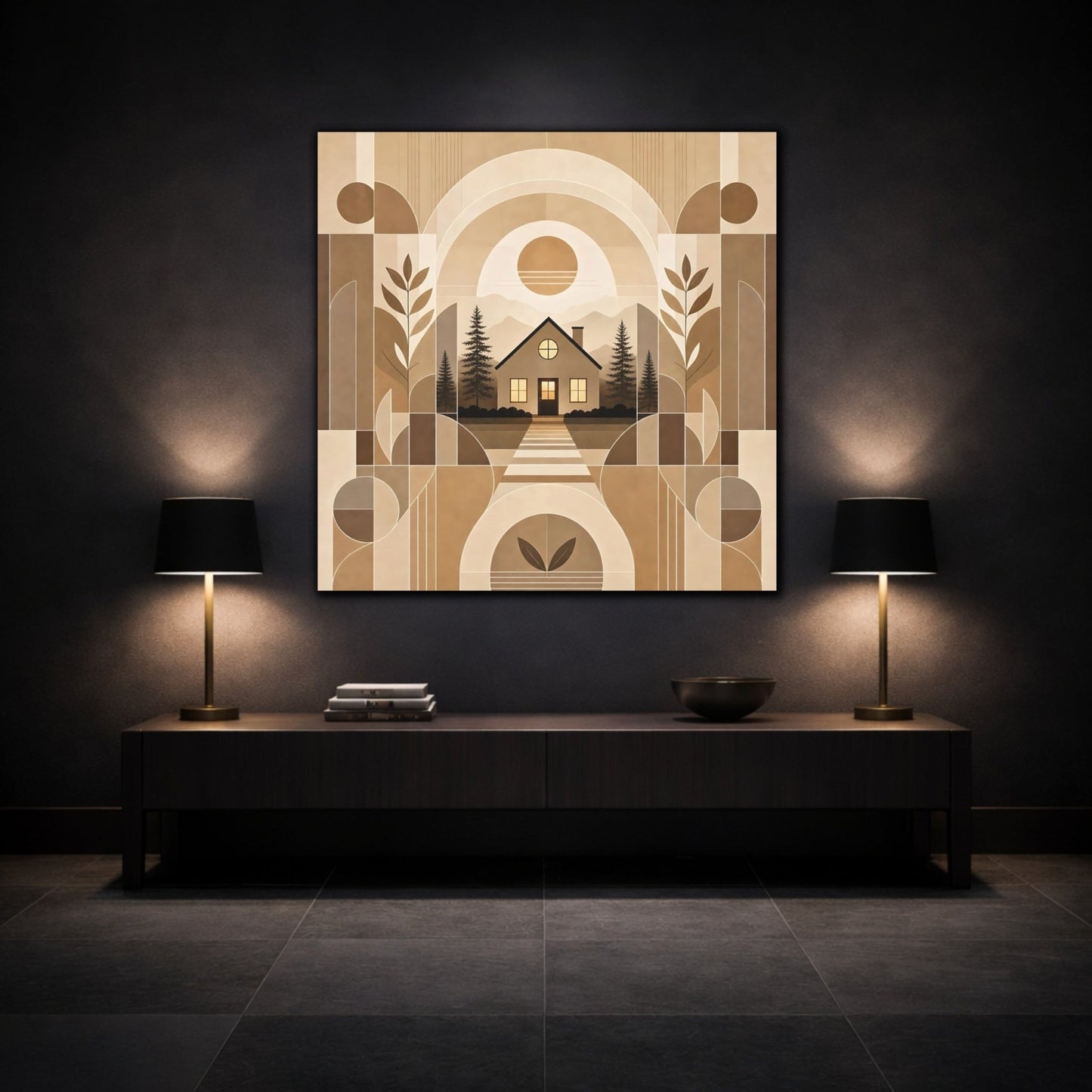 Nature House Landscape Brown And Beige Canvas Print Wall Art – Living Room Decor, Above Console Table - YesArtYes