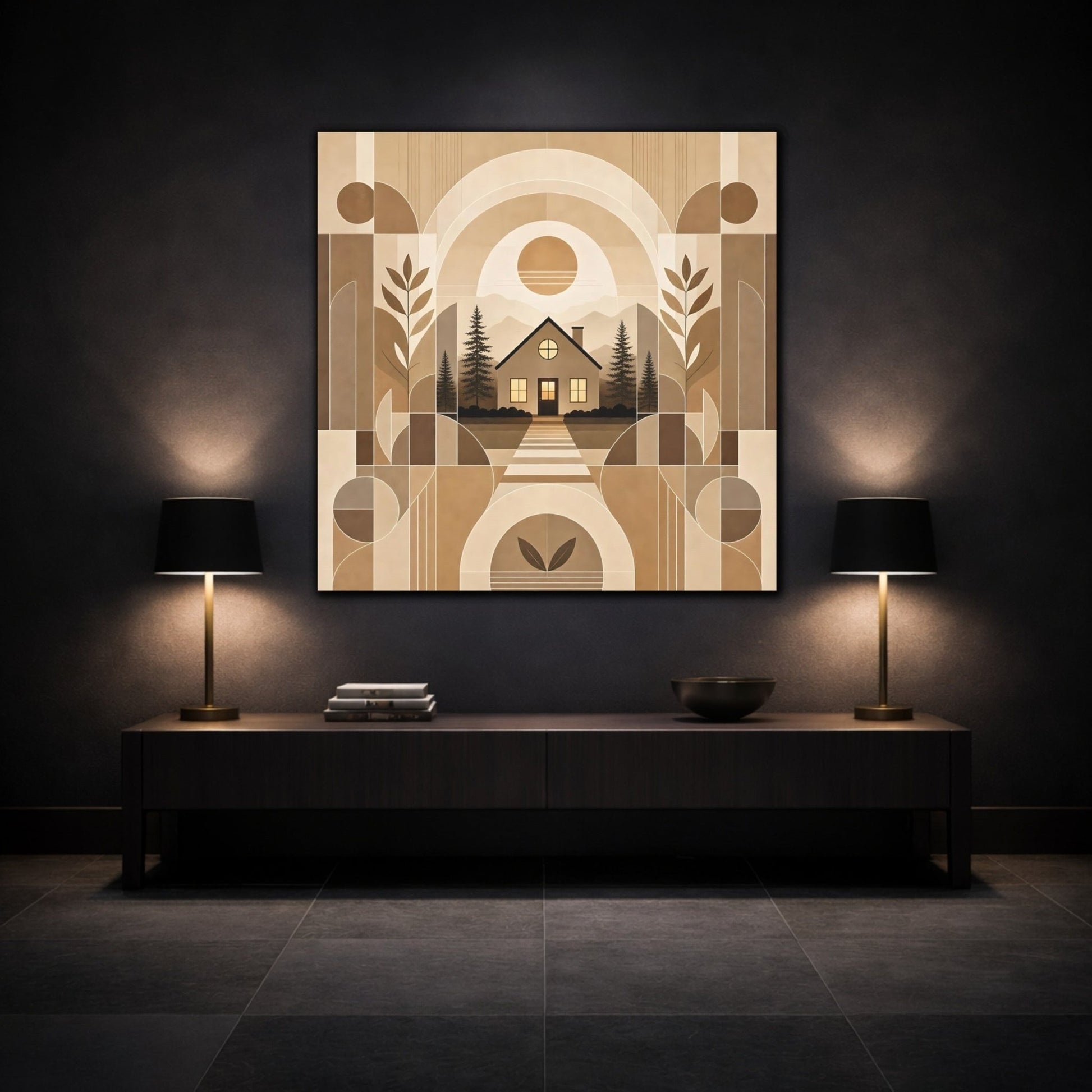 Nature House Landscape Brown And Beige Canvas Print Wall Art – Living Room Decor, Above Console Table - YesArtYes