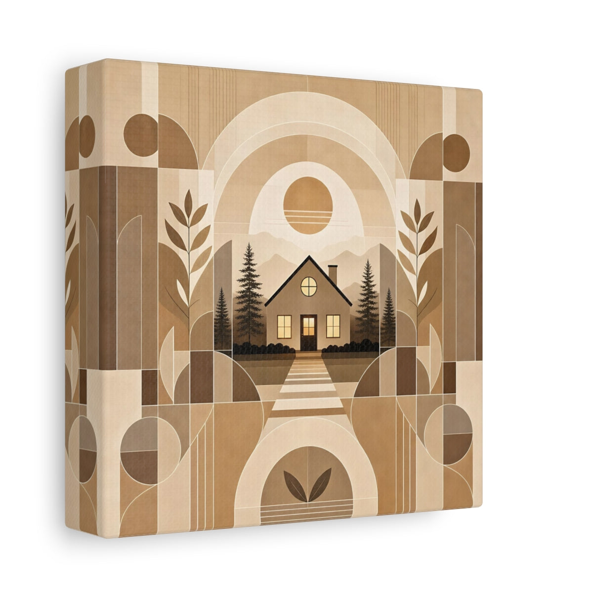 Side Mockup 2. Nature House Landscape Brown And Beige shown as canvas print