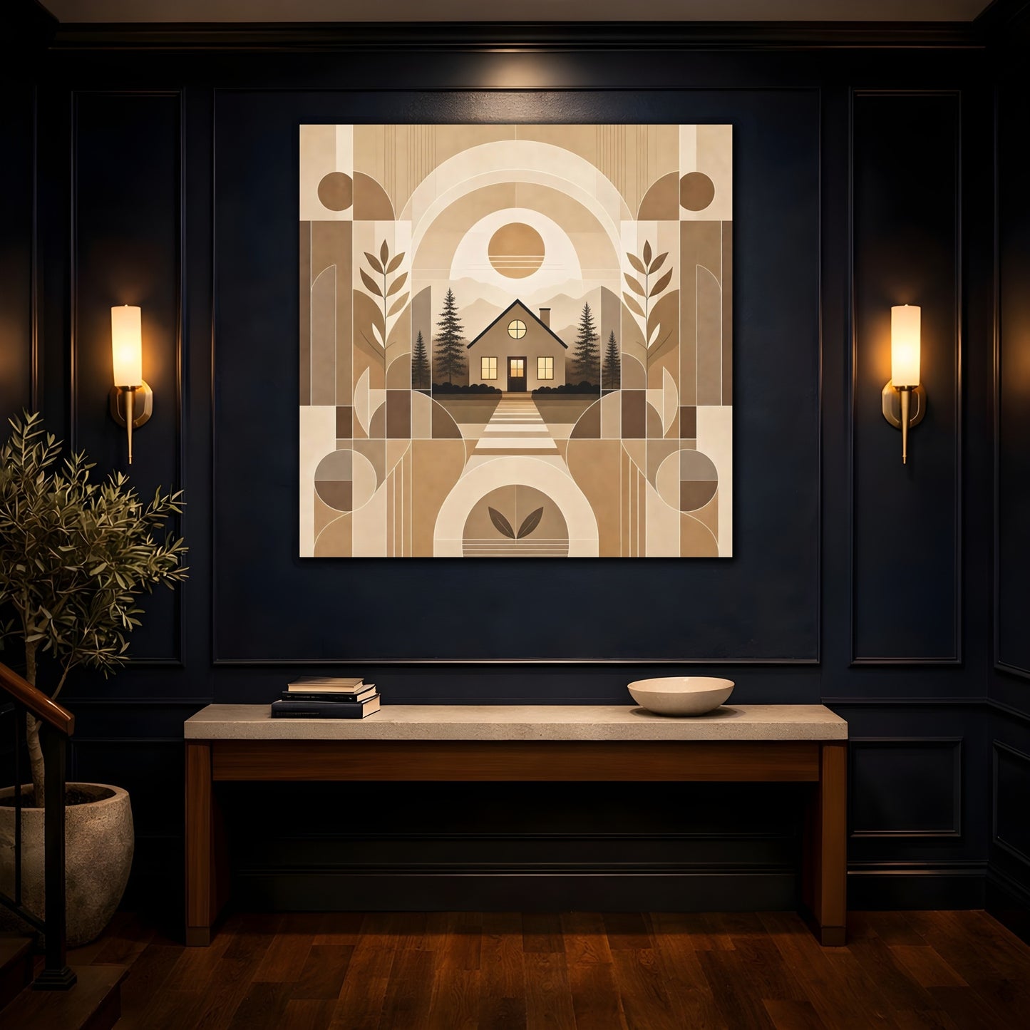Mockup 4. Nature House Landscape Brown And Beige shown as canvas print