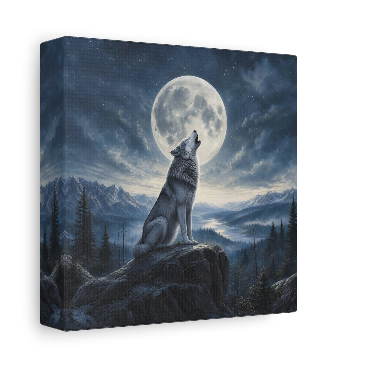 Side Mockup 2. Nature Howling Wolf Wolf And Moon shown as stretched canvas wall art