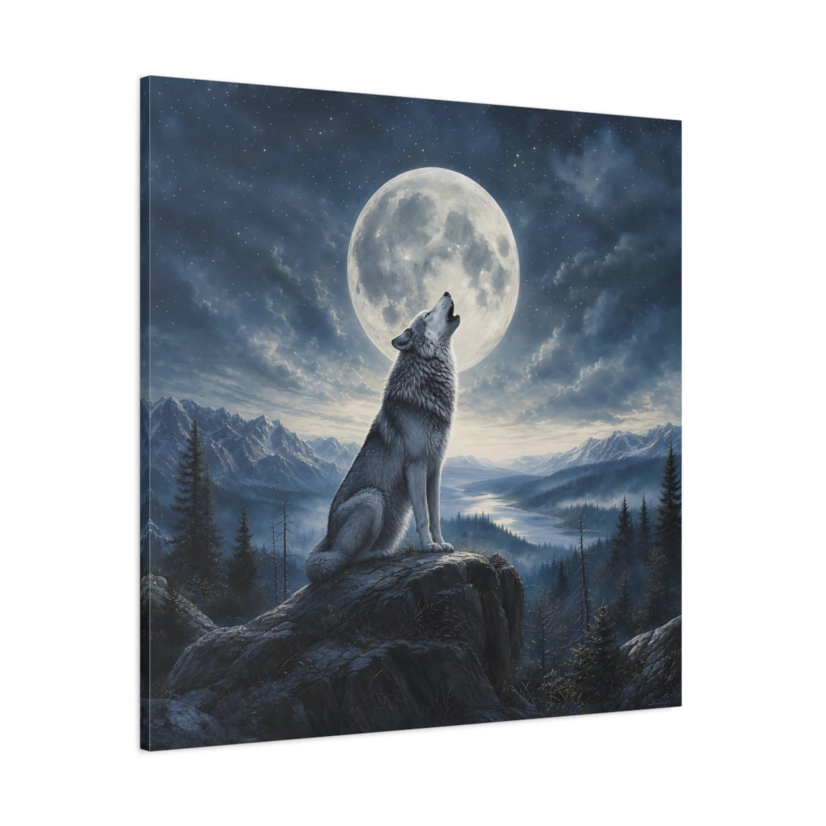 Side Mockup 1. Nature Howling Wolf Wolf And Moon shown as stretched canvas wall art