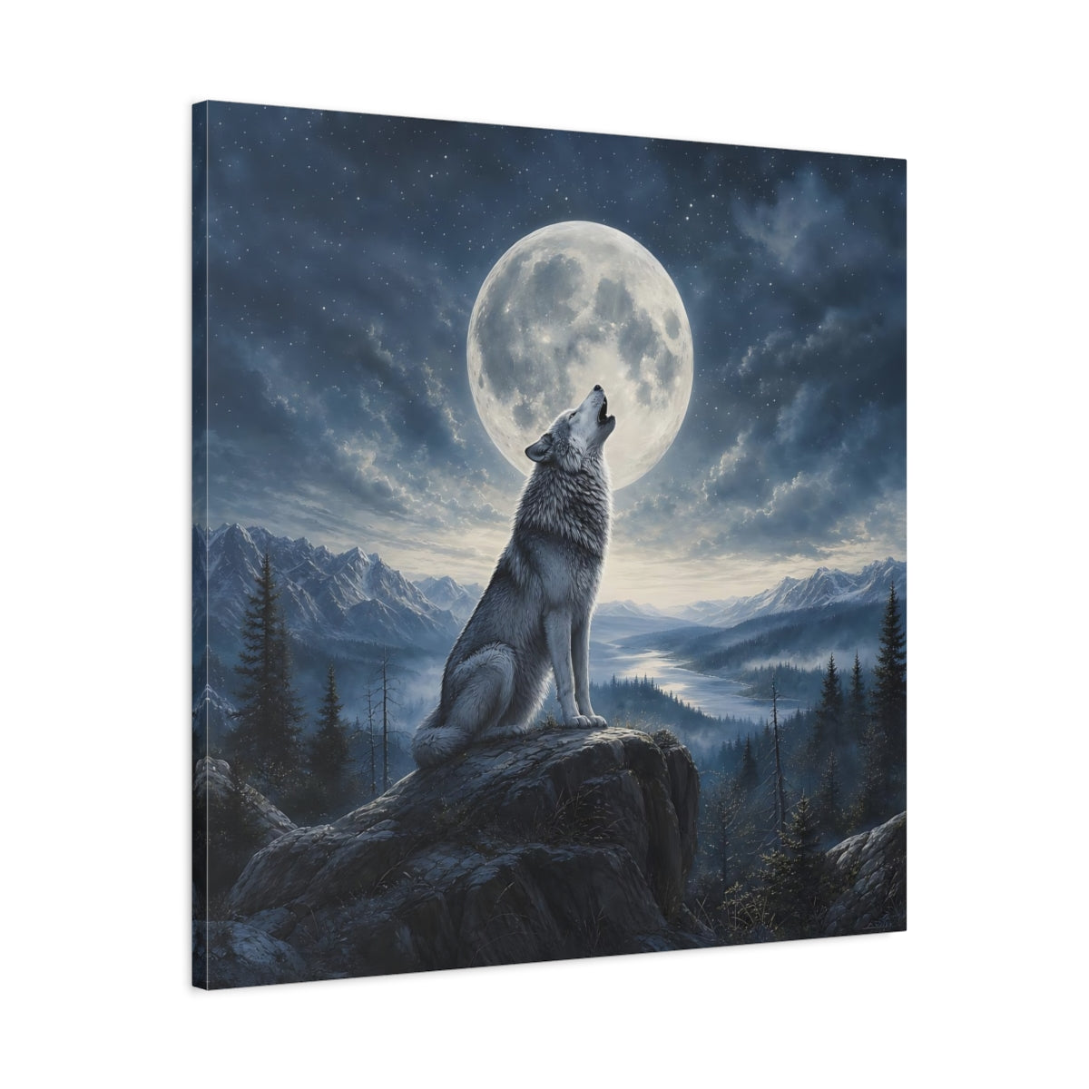 Side Mockup 3. Nature Howling Wolf Wolf And Moon shown as stretched canvas wall art