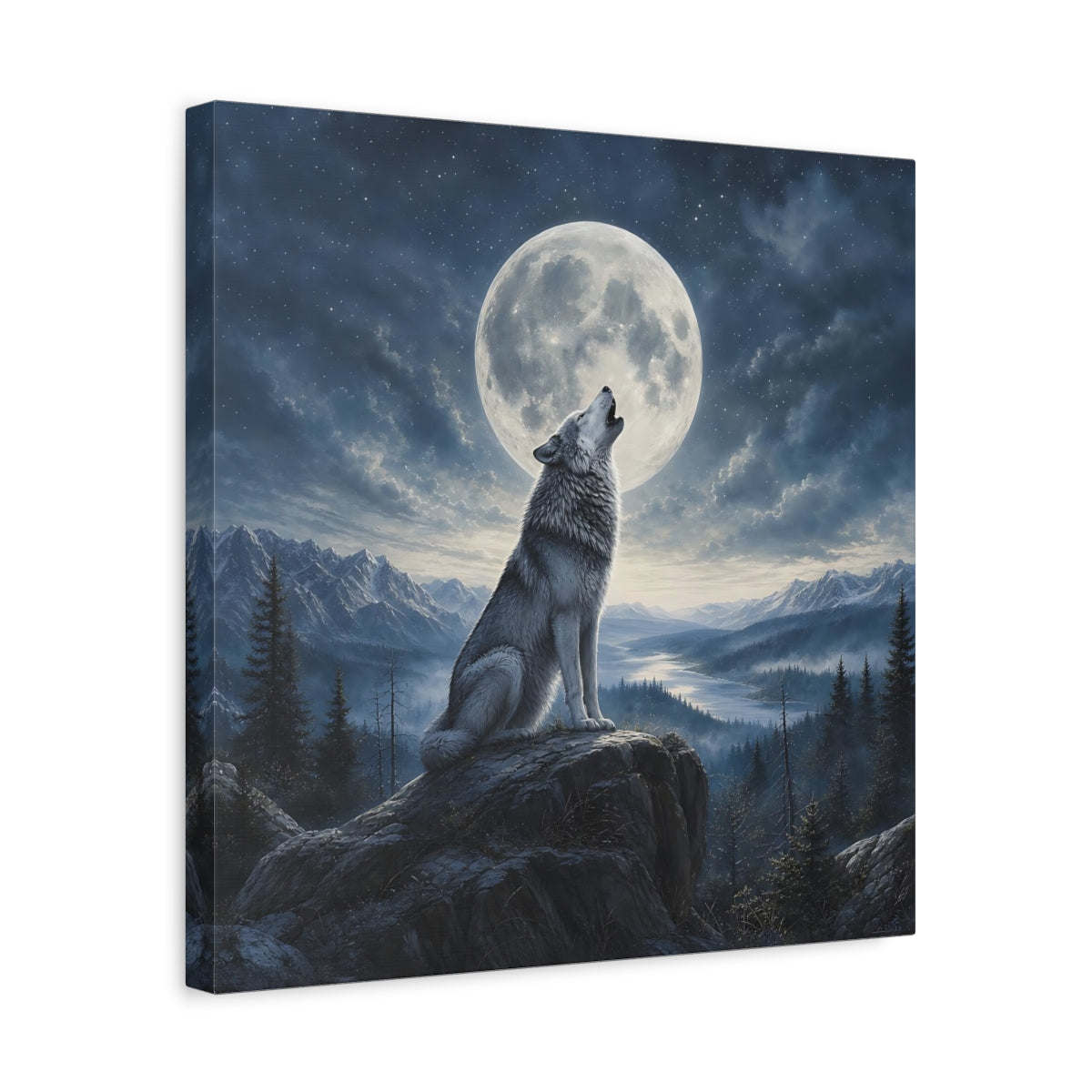Side Mockup 6. Nature Howling Wolf Wolf And Moon shown as stretched canvas wall art