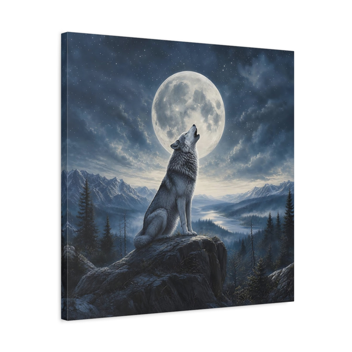 Side Mockup 4. Nature Howling Wolf Wolf And Moon shown as stretched canvas wall art