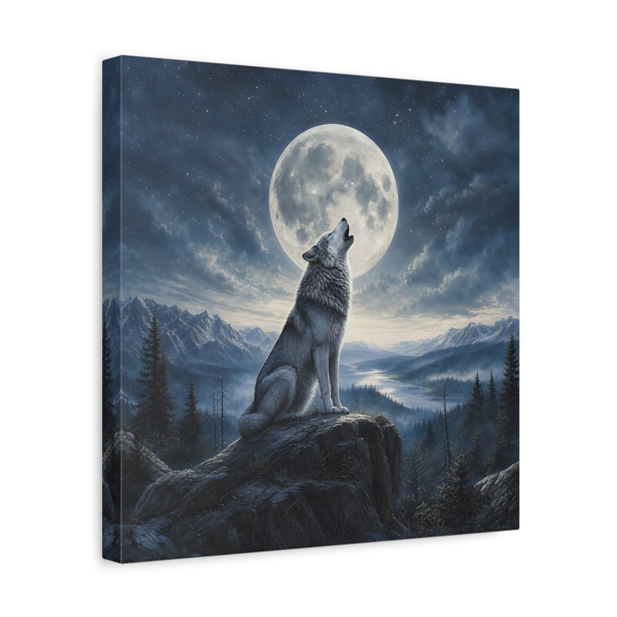 Side Mockup 7. Nature Howling Wolf Wolf And Moon shown as stretched canvas wall art