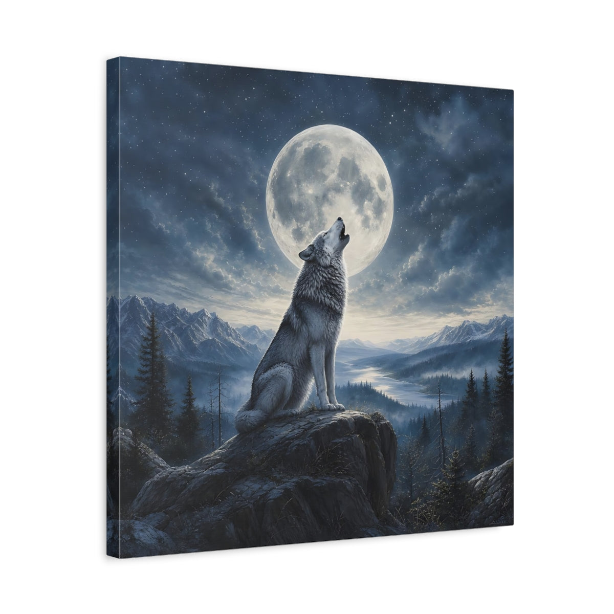 Side Mockup 5. Nature Howling Wolf Wolf And Moon shown as stretched canvas wall art