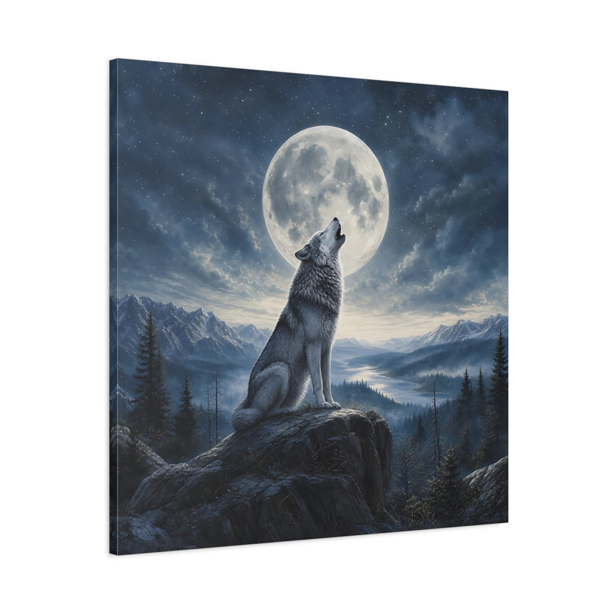 Main Mockup. Nature Howling Wolf Wolf And Moon shown as stretched canvas wall art