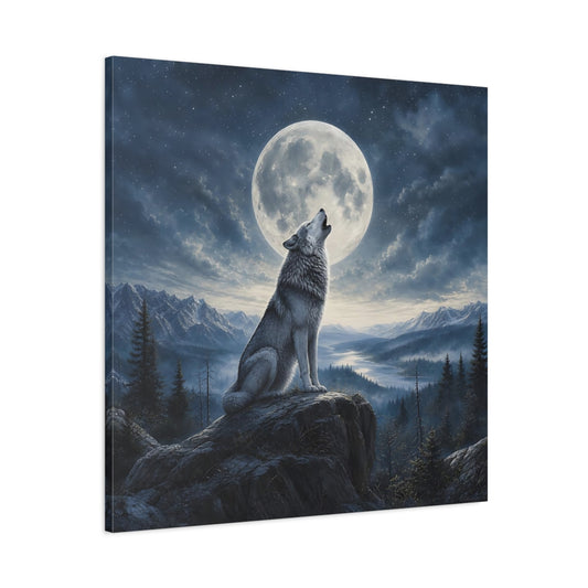 Main Mockup. Nature Howling Wolf Wolf And Moon shown as stretched canvas wall art