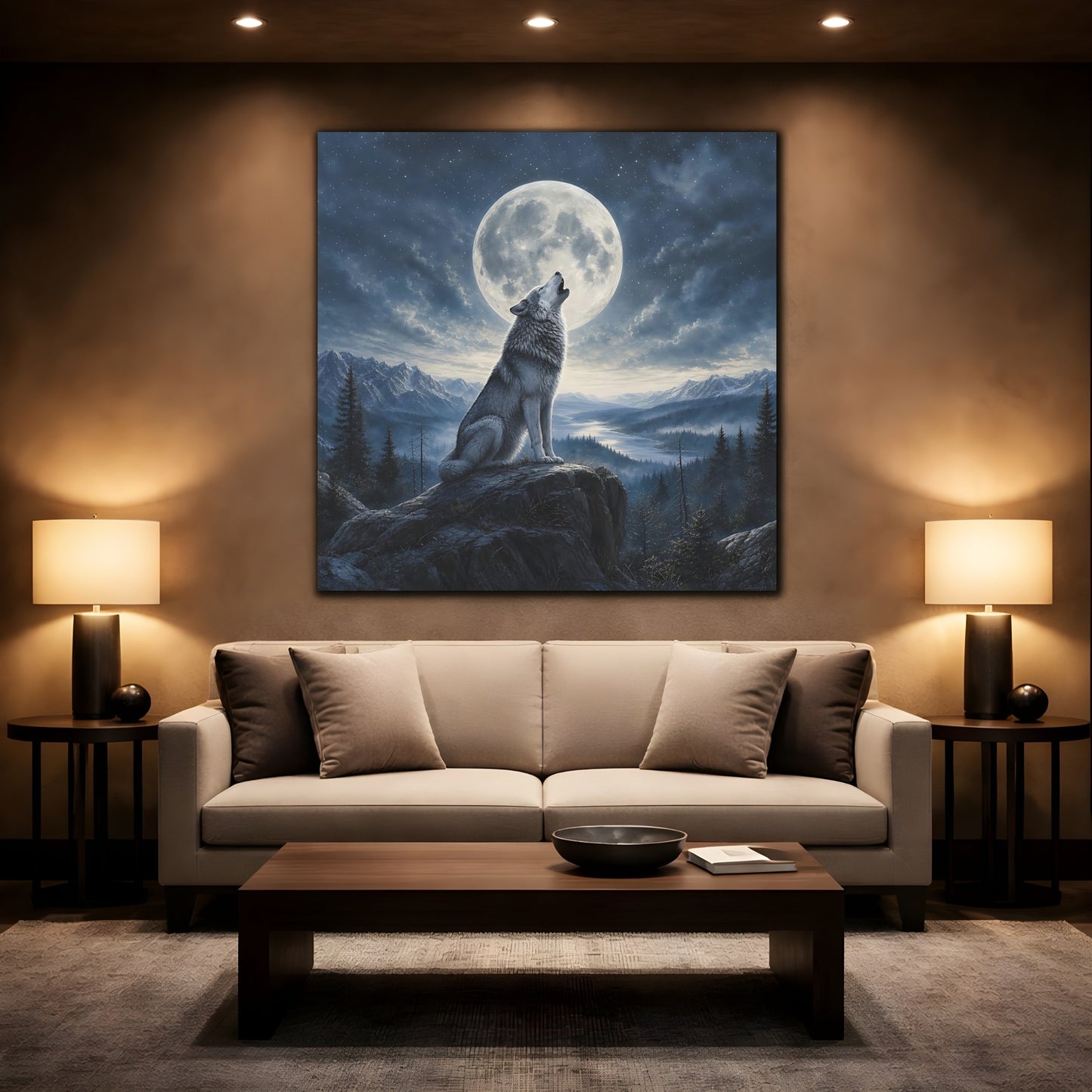 Mockup 2. Nature Howling Wolf Wolf And Moon shown as stretched canvas wall art