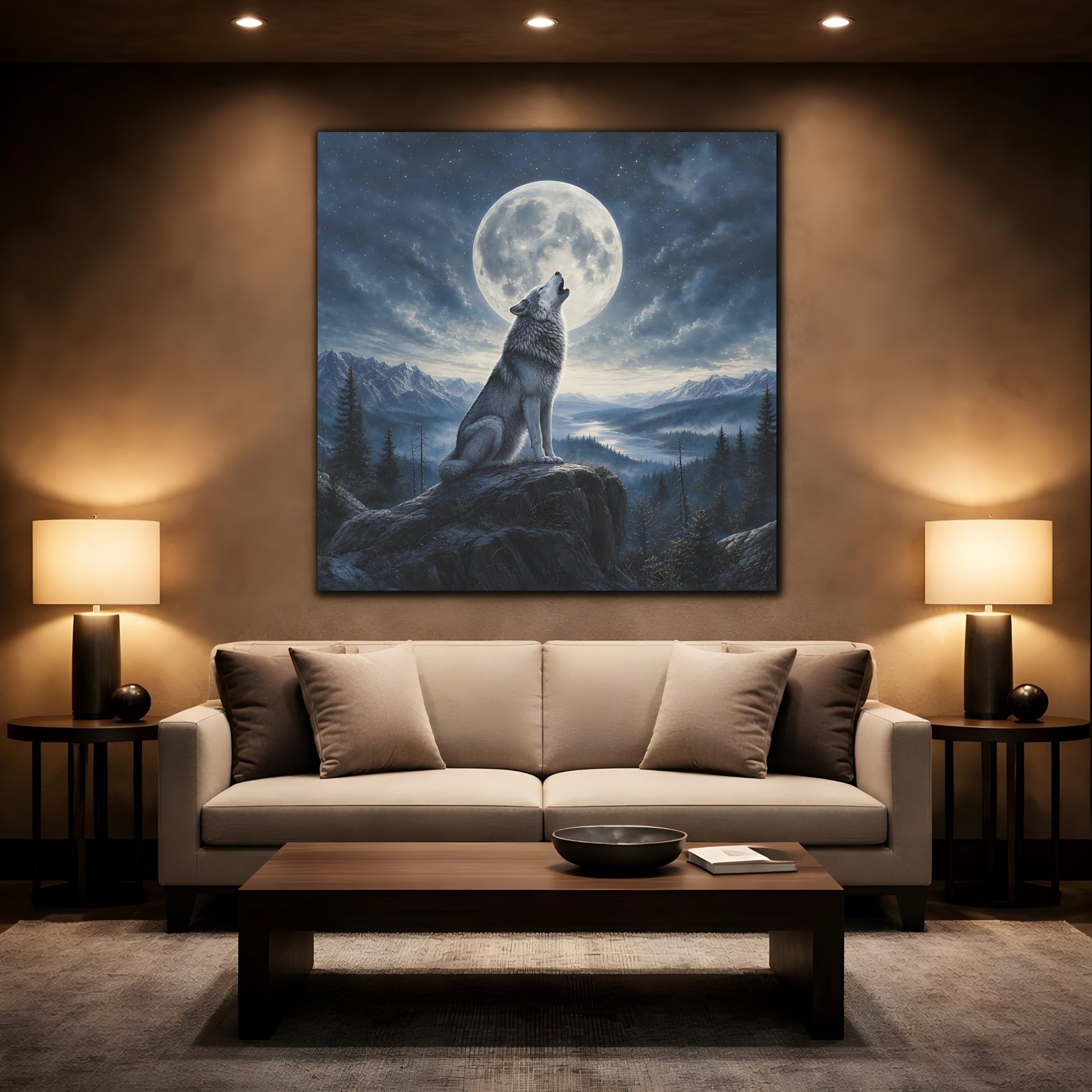 Mockup 2. Nature Howling Wolf Wolf And Moon shown as stretched canvas wall art