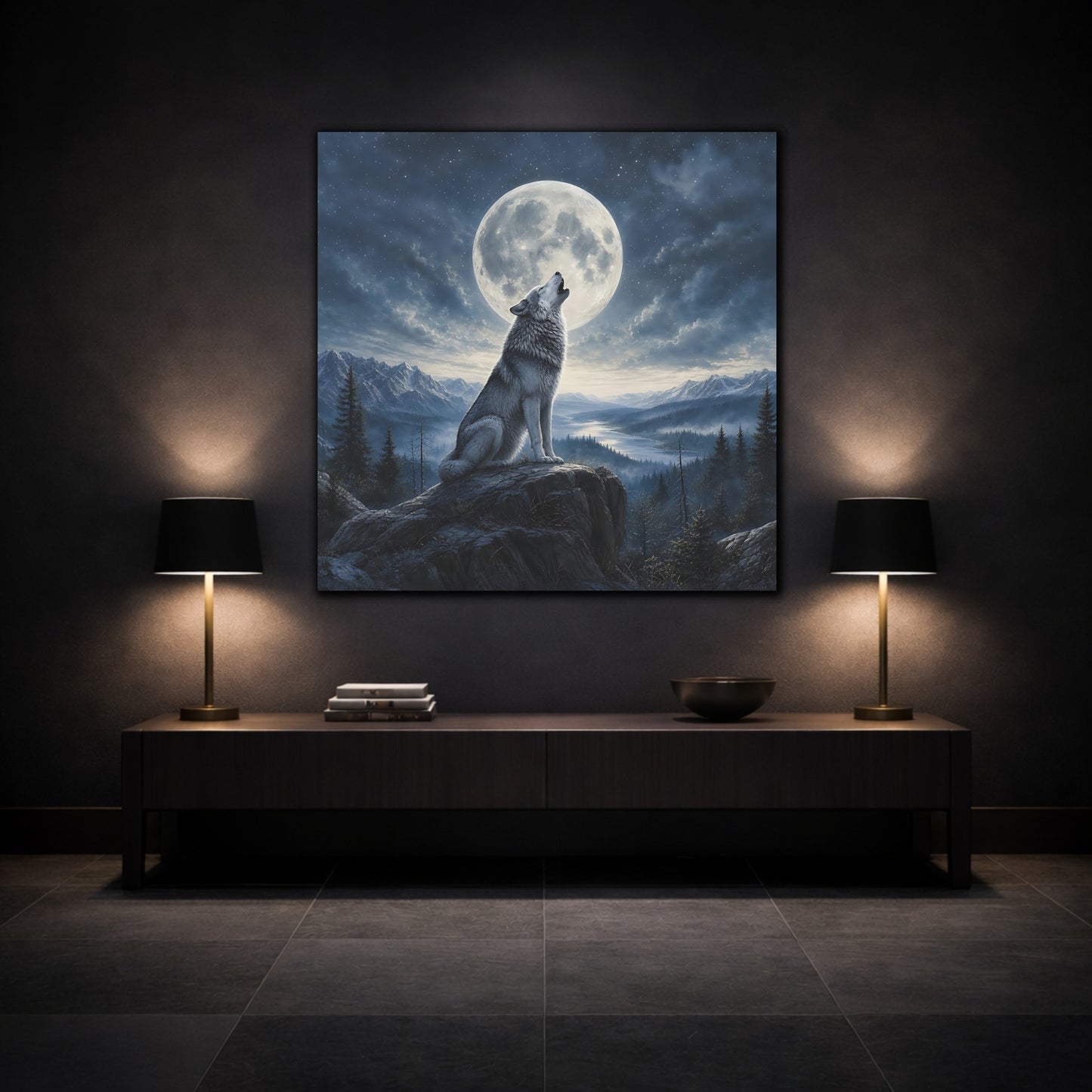 Mockup 3. Nature Howling Wolf Wolf And Moon shown as stretched canvas wall art