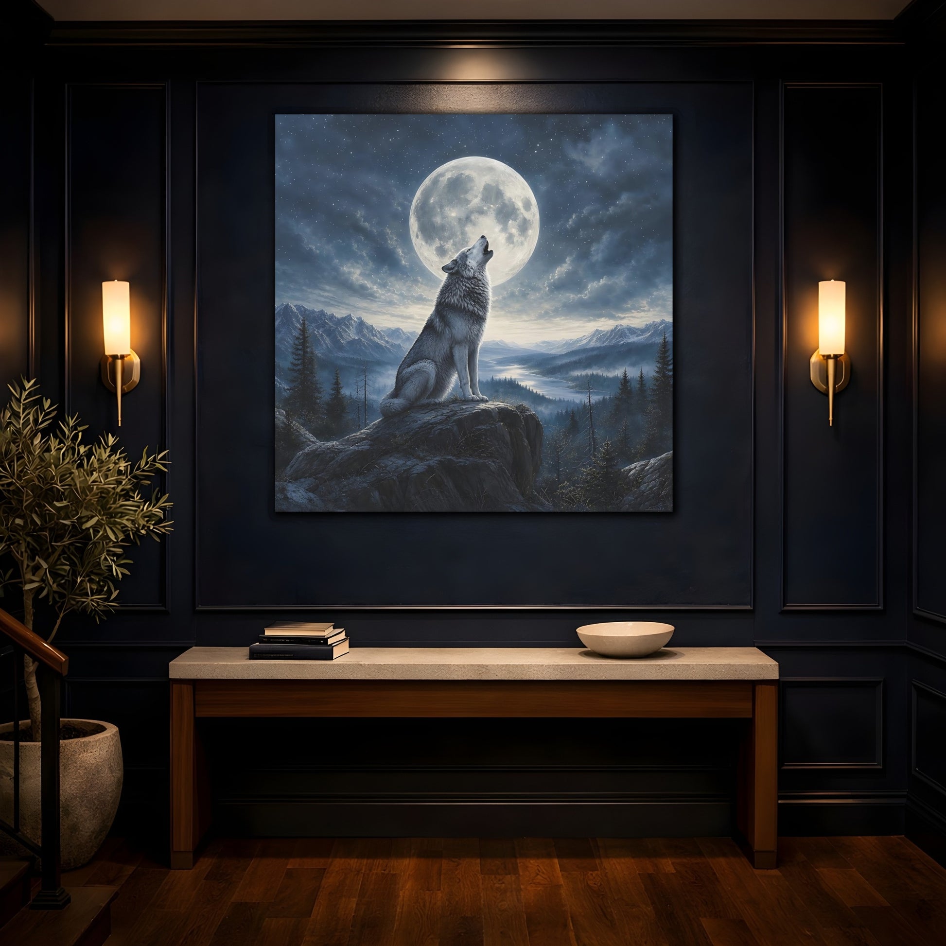 Mockup 4. Nature Howling Wolf Wolf And Moon shown as stretched canvas wall art