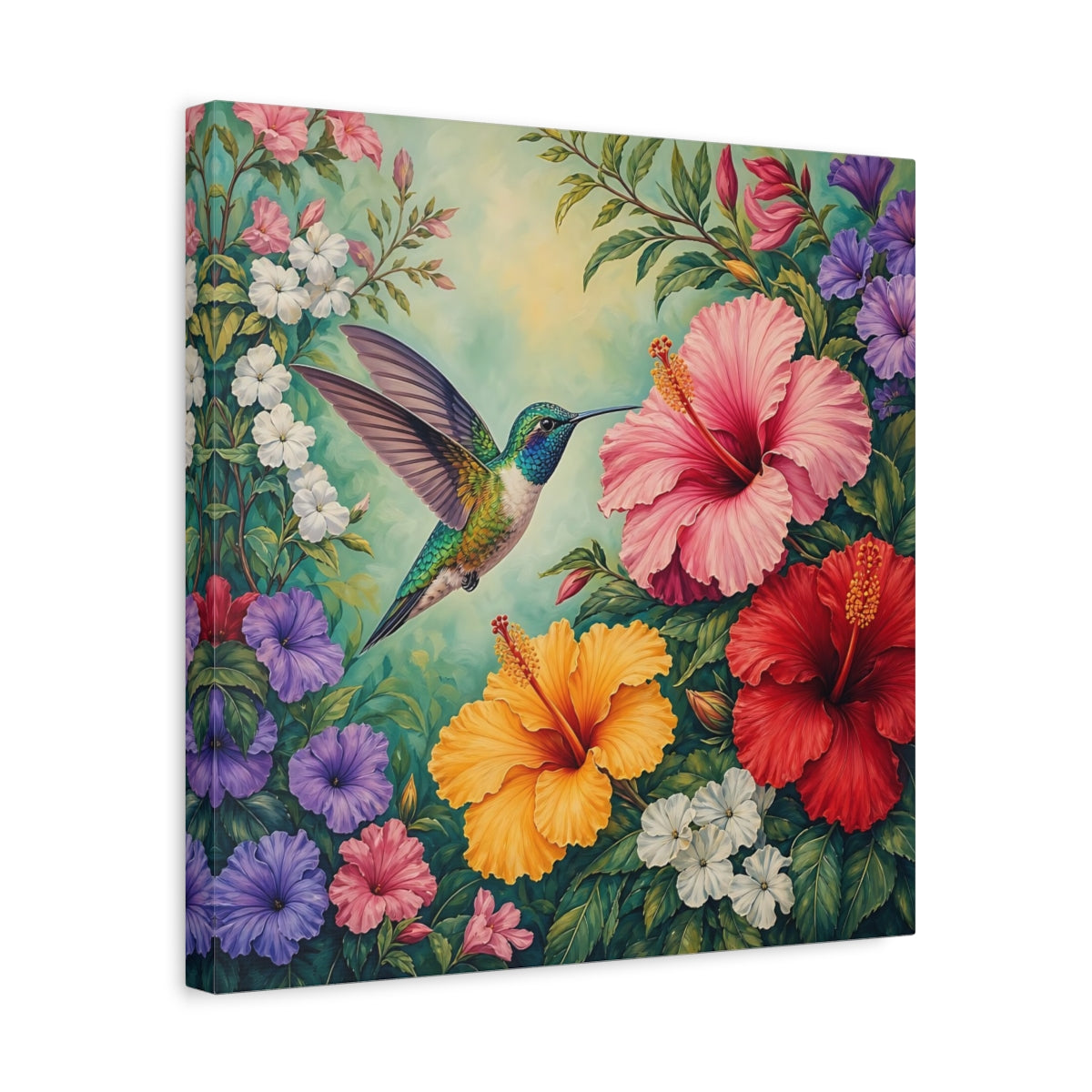 Side Mockup 6. Nature Hummingbird Colorful Hummingbird shown as stretched canvas wall art