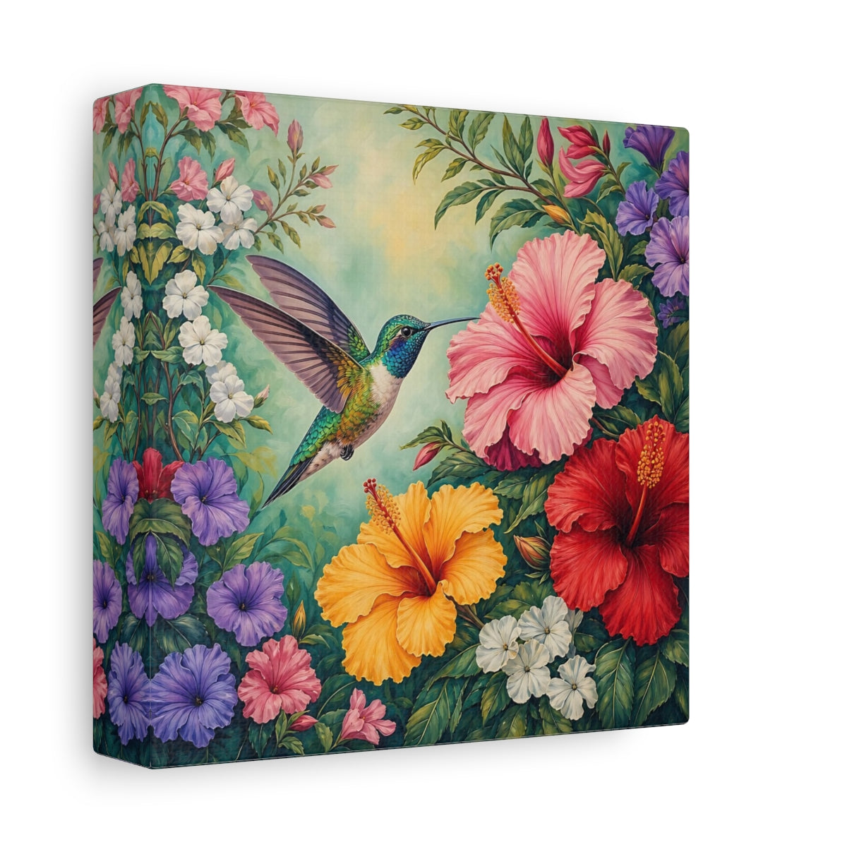 Side Mockup 2. Nature Hummingbird Colorful Hummingbird shown as stretched canvas wall art