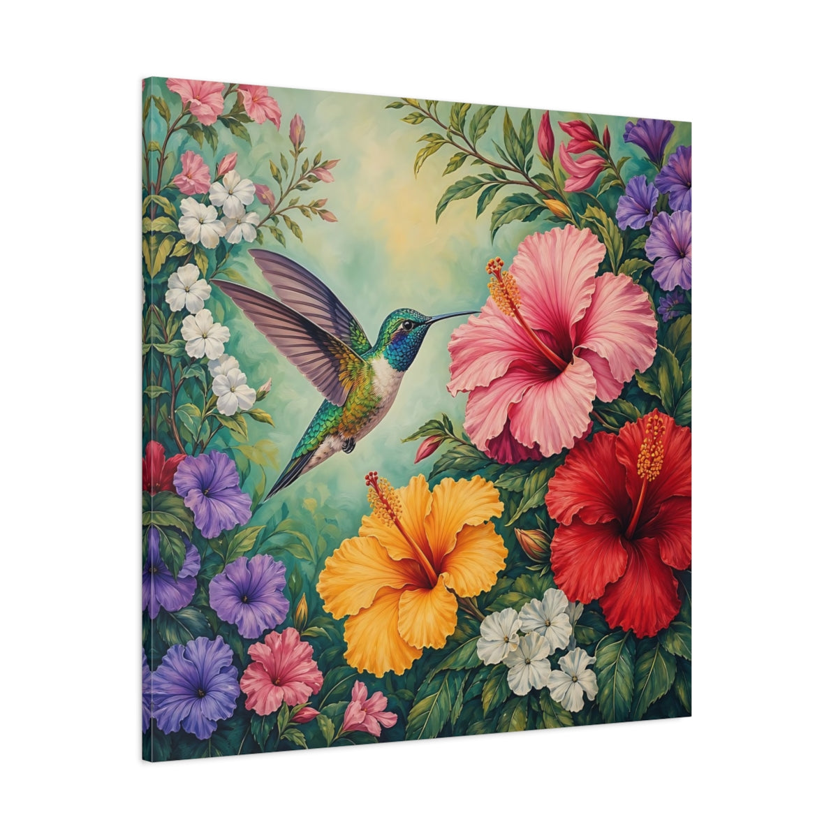 Side Mockup 1. Nature Hummingbird Colorful Hummingbird shown as stretched canvas wall art