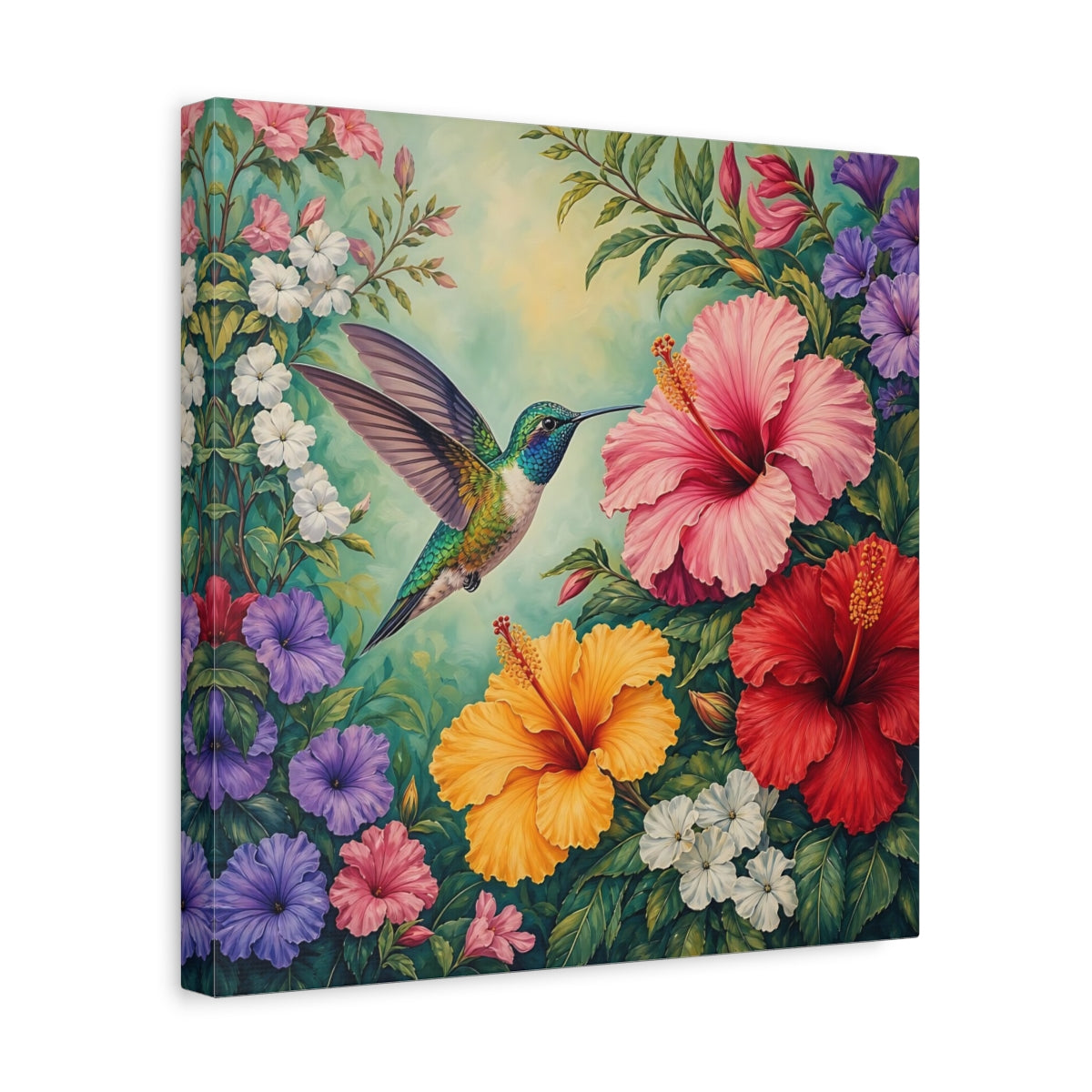 Side Mockup 7. Nature Hummingbird Colorful Hummingbird shown as stretched canvas wall art