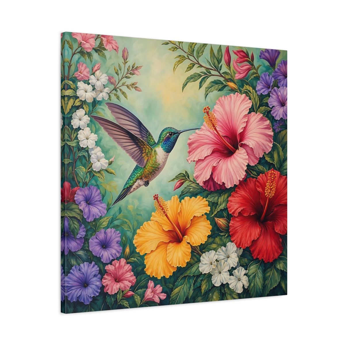 Side Mockup 3. Nature Hummingbird Colorful Hummingbird shown as stretched canvas wall art