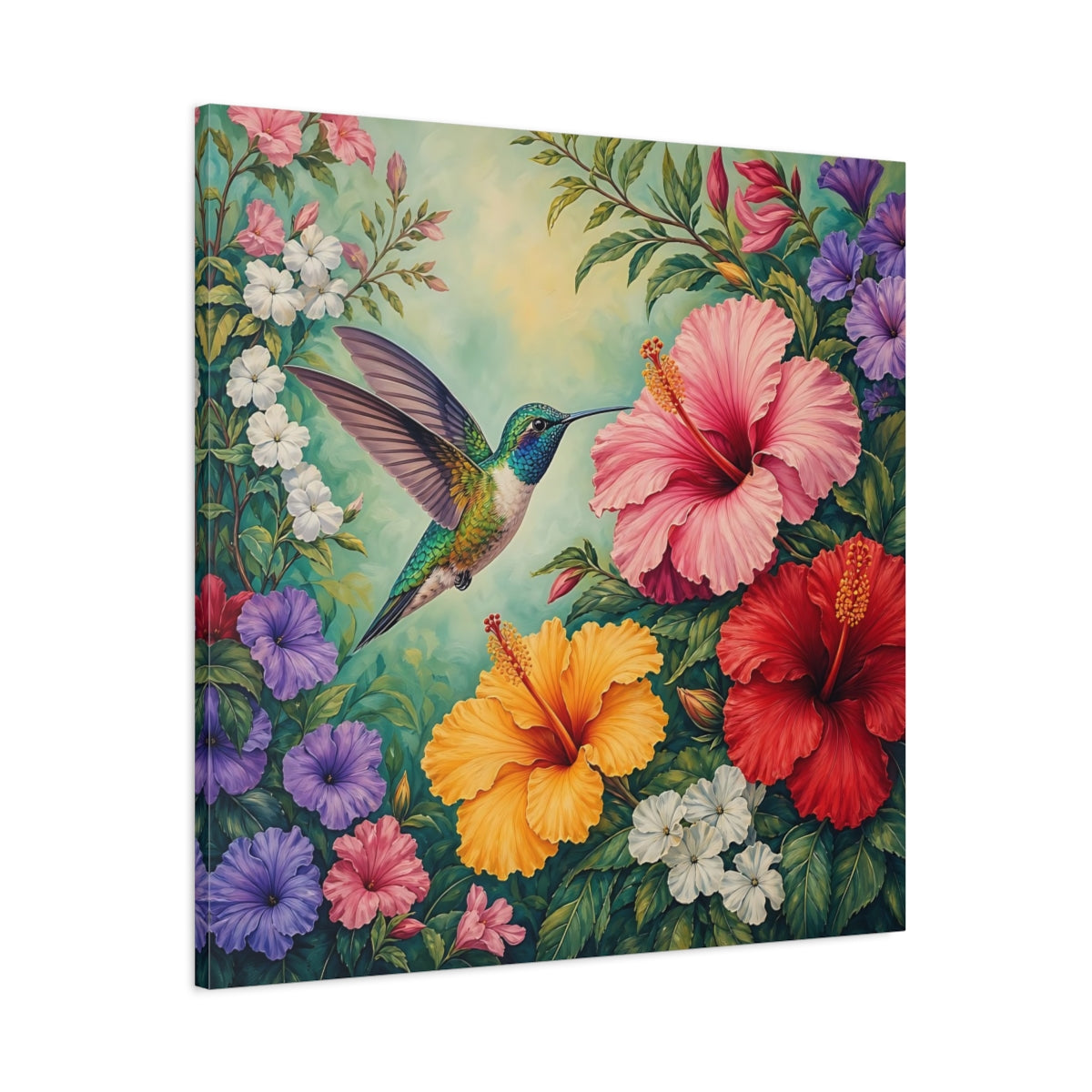 Main Mockup. Nature Hummingbird Colorful Hummingbird shown as stretched canvas wall art